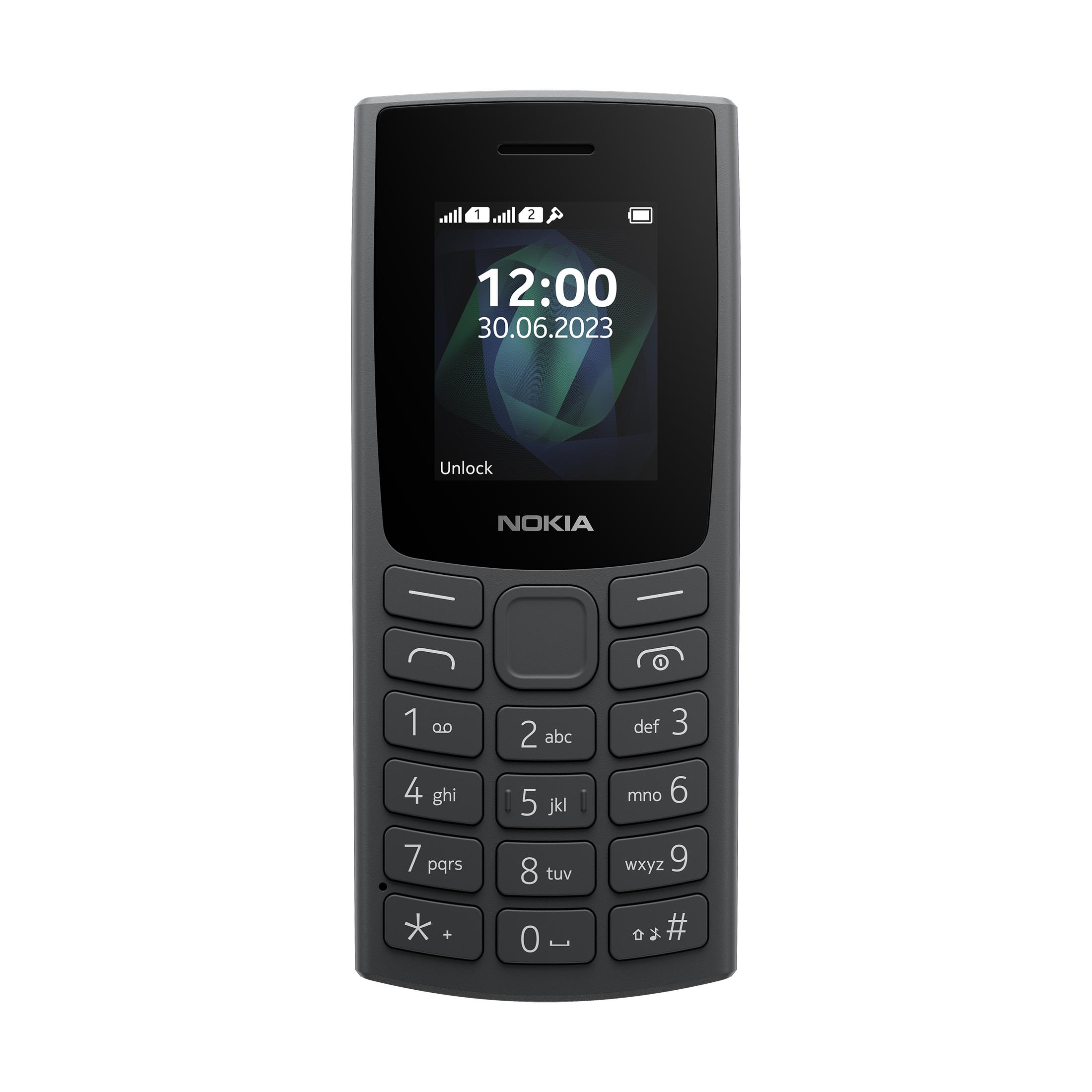 Gray Nokia feature phone displaying time 12:00 and date 30.06.2023.