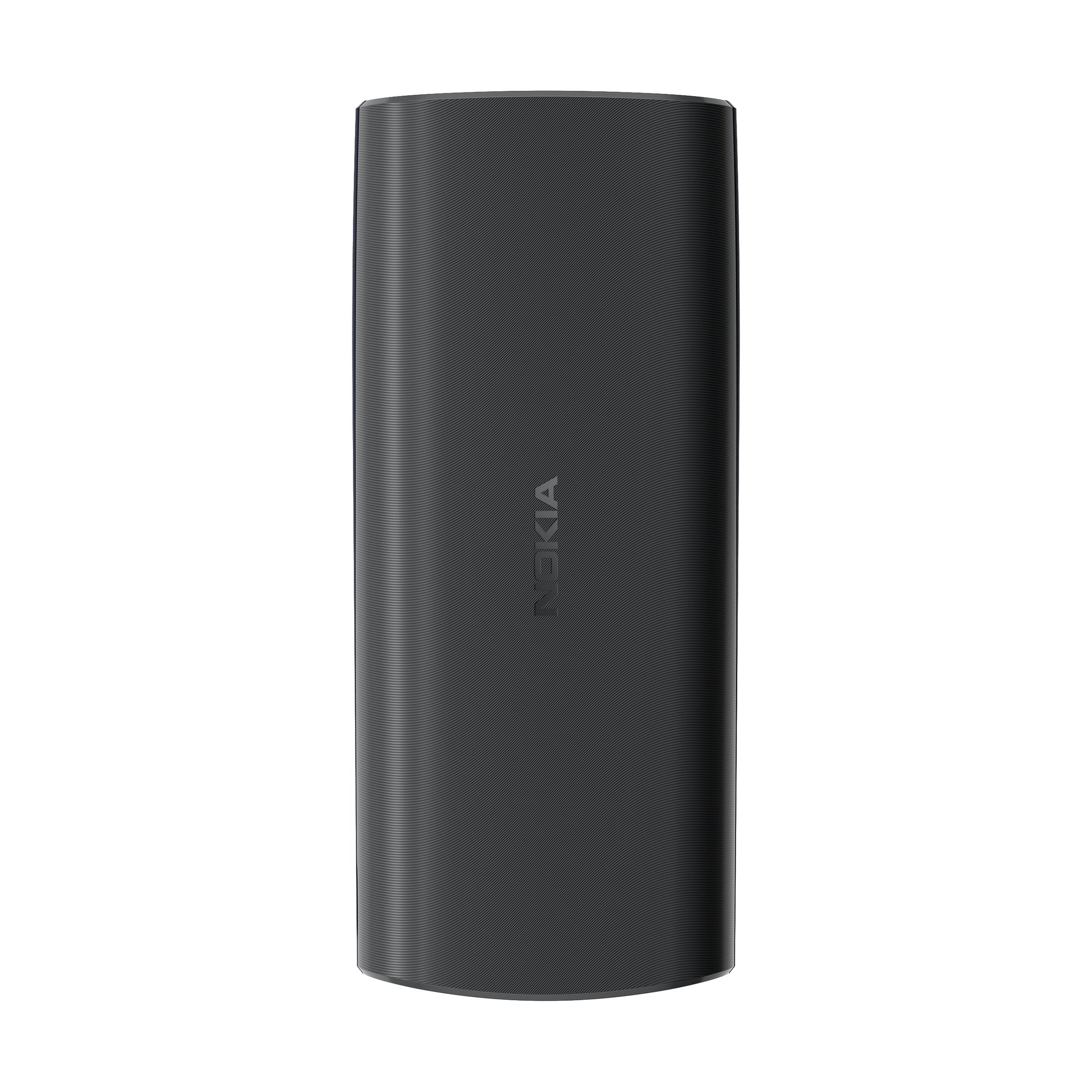 A black Nokia phone with a textured body stands on a white background.