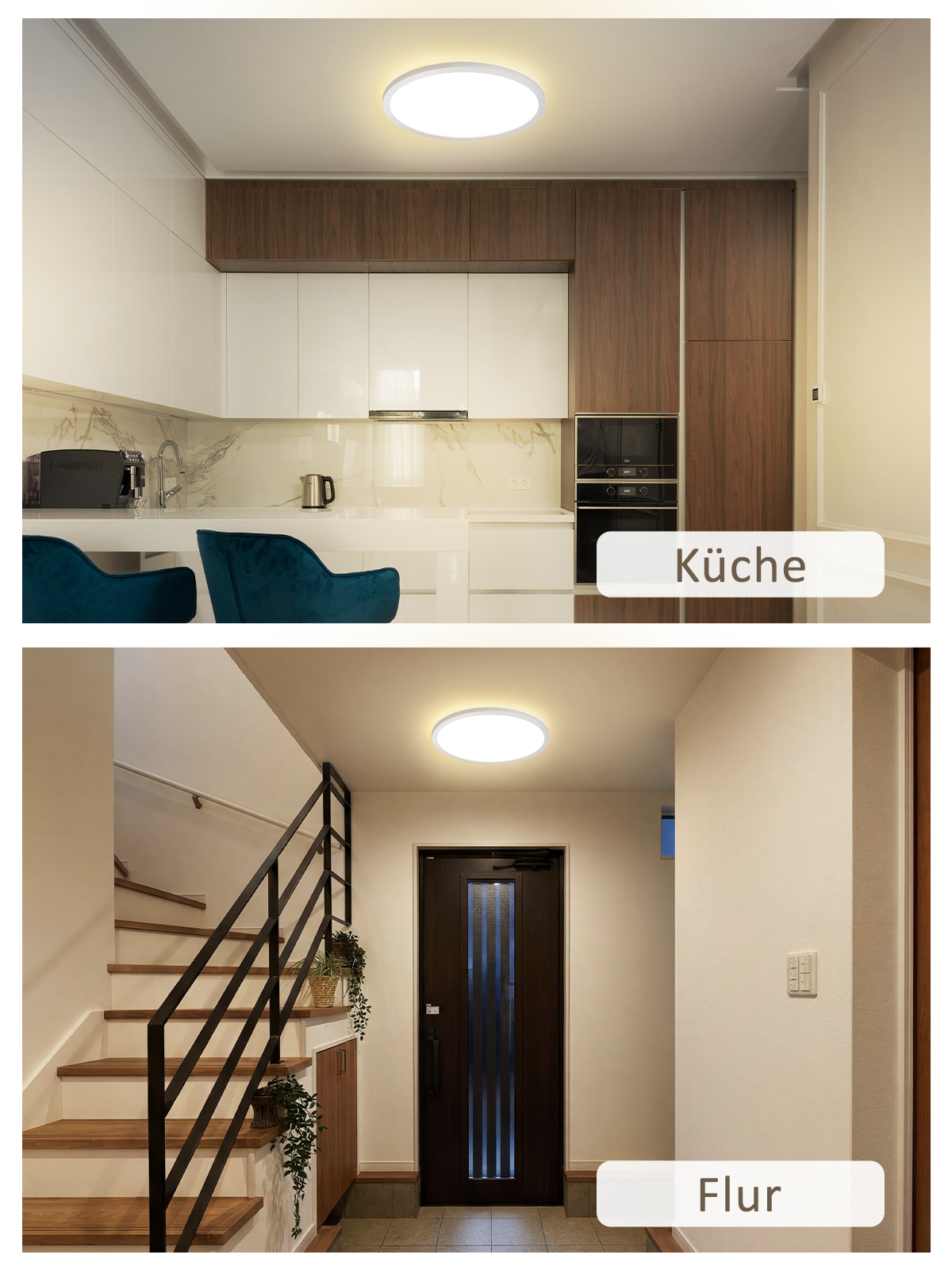 Moderne Küche mit weißen Schränken, Holzakzenten und Sitzinsel. Auch ein Flur mit Treppen und dunkler Tür.