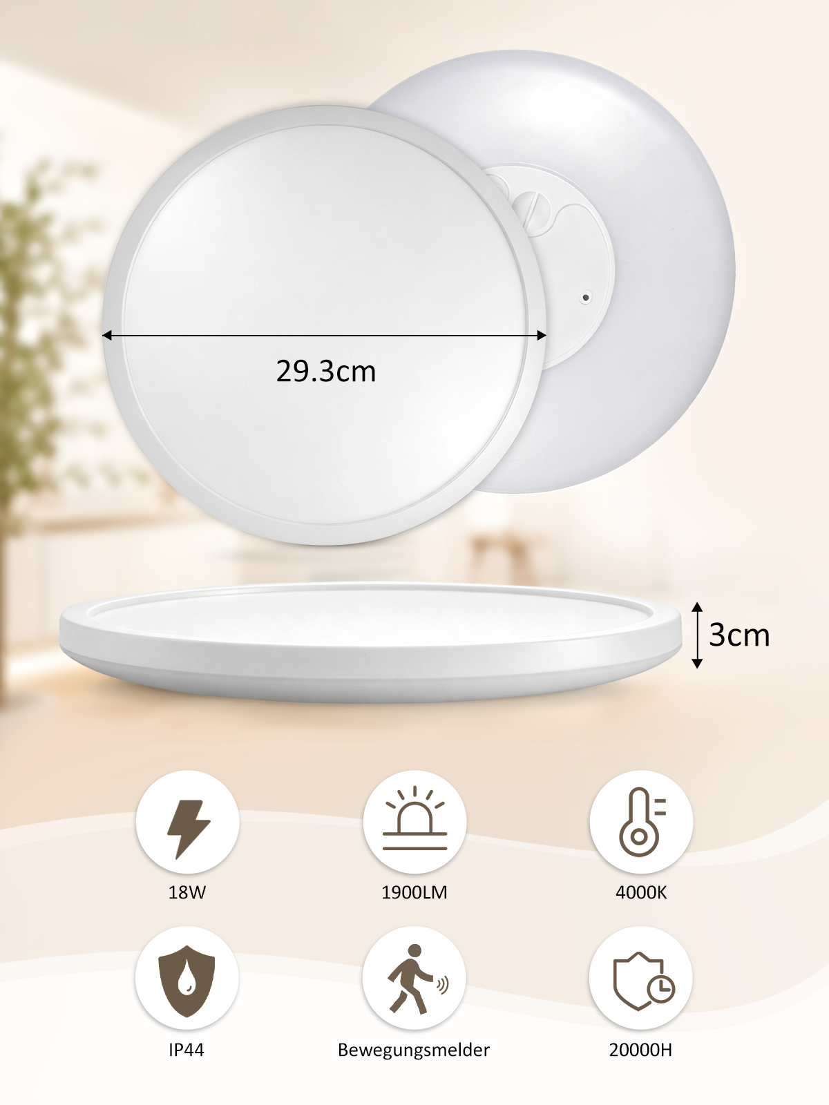 Eine weiße runde LED-Deckenleuchte, 29,3 cm Durchmesser, 3 cm dick.
