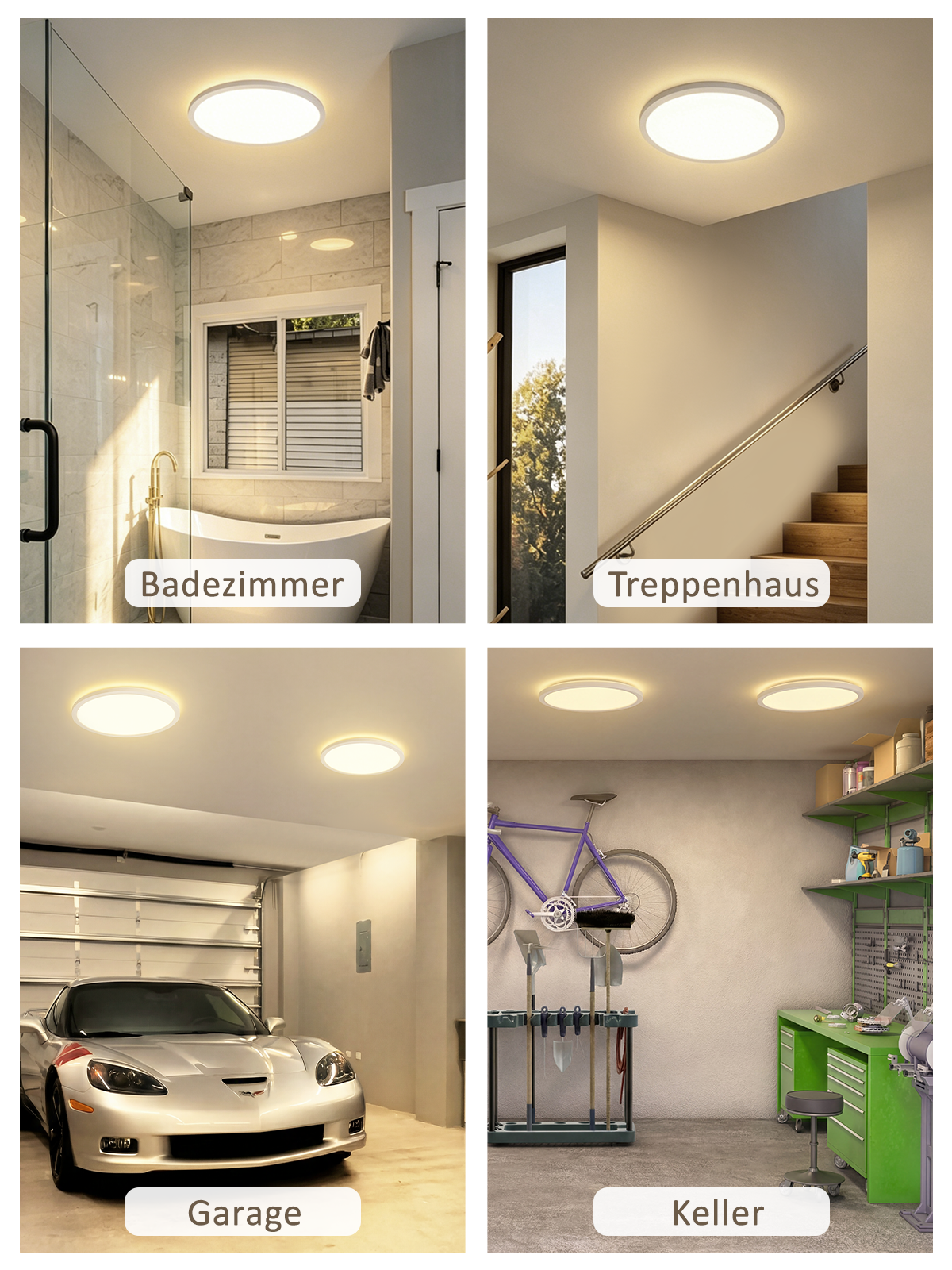 Vier Szenen: Bad mit Wanne, Treppenhaus, Garage mit Auto, Werkstatt mit Rad.