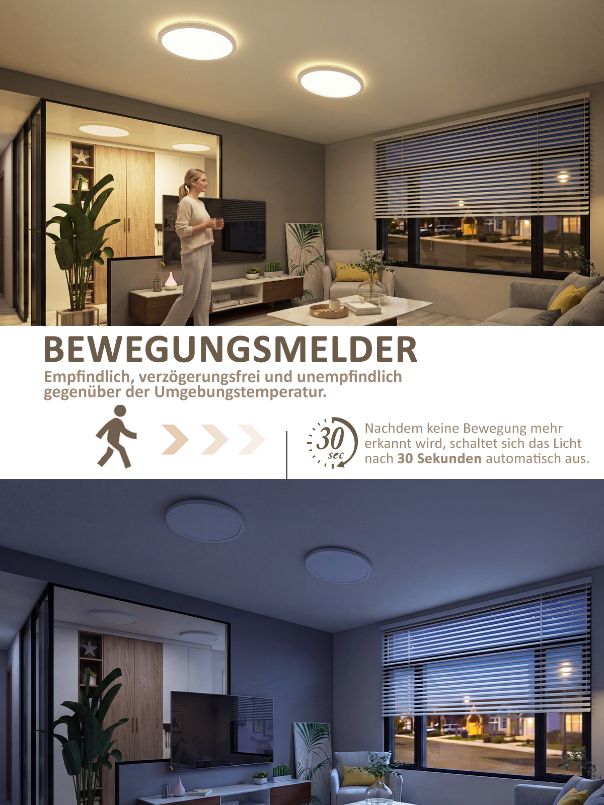 Ein moderner Wohnraum mit Deckenleuchten, einem Bewegungsmelder und einem Fenster mit Jalousien.