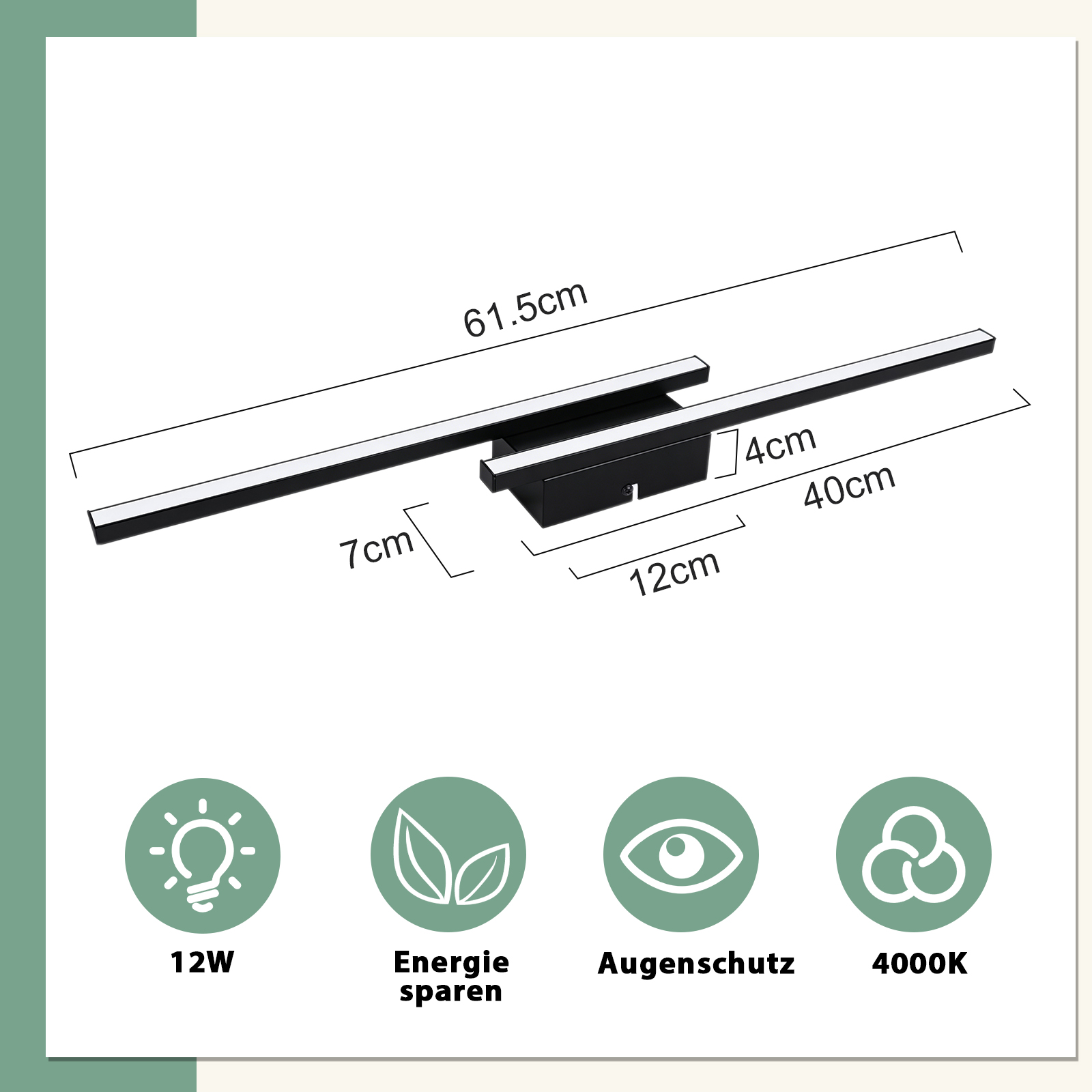 Schwarzer moderner Lampenarm mit Maßen: 61,5x7x4cm. Energiesparend, Augenschutz, 4000K.