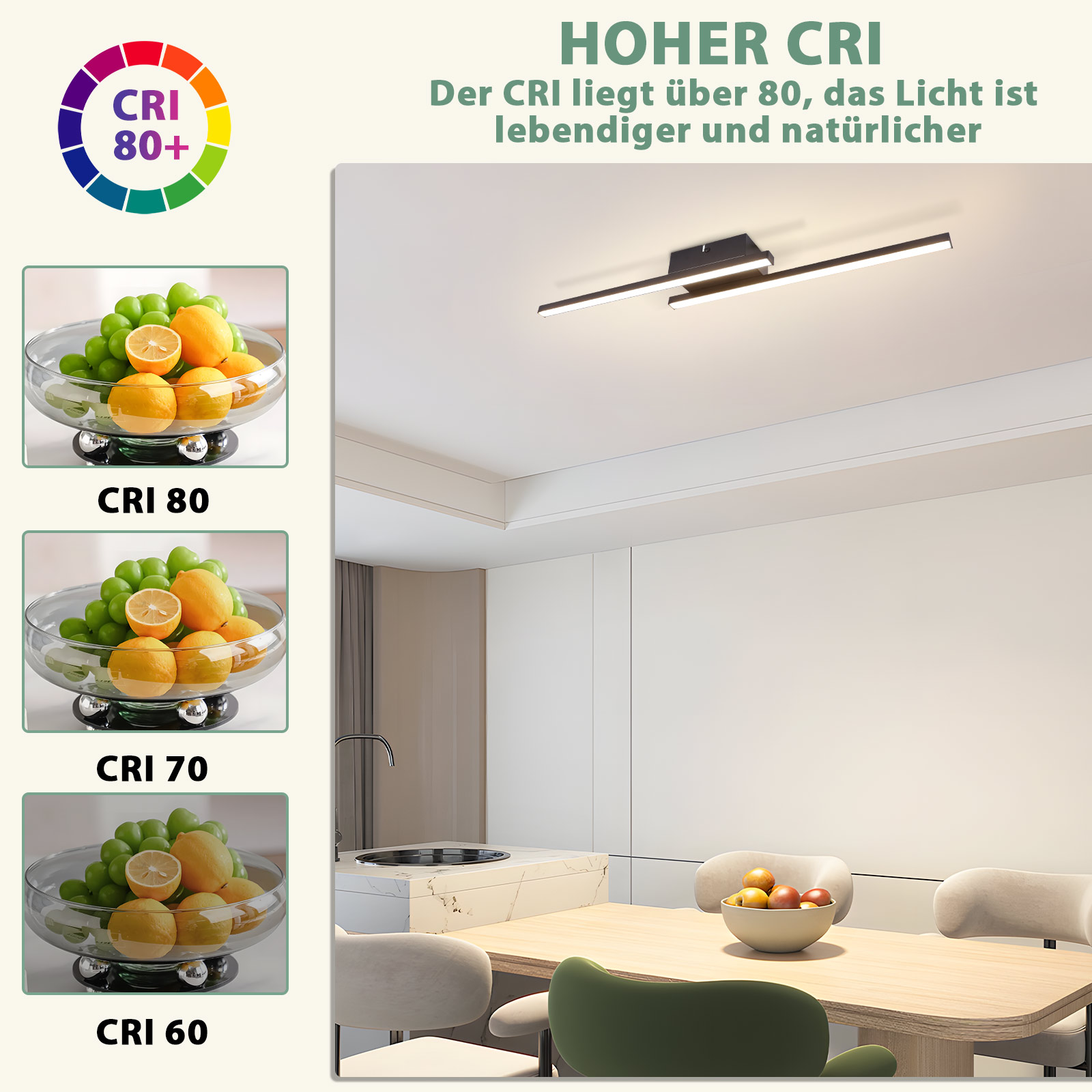 Moderne Deckenleuchte über einem Esstisch mit Obstschalen und Stühlen.