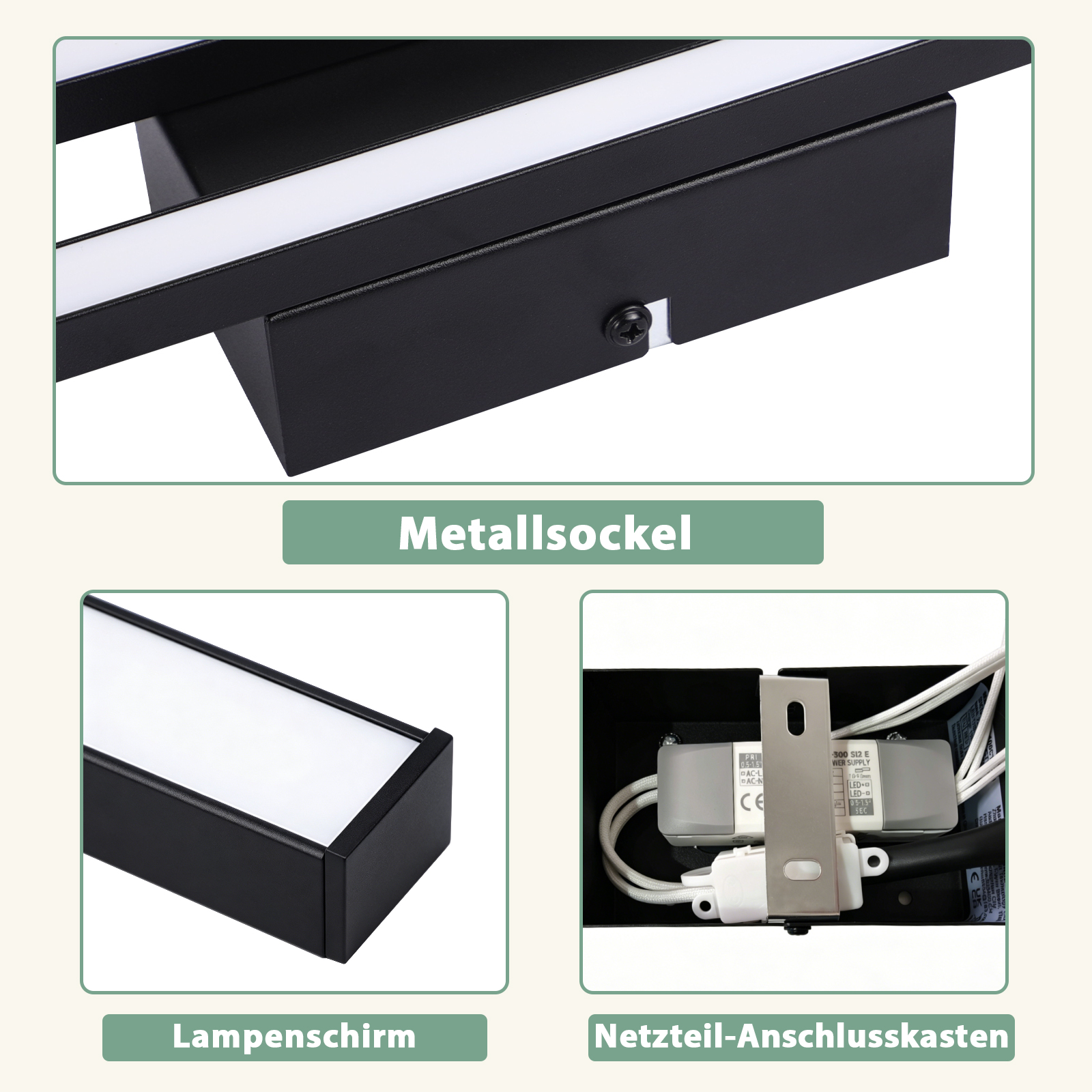 Detailansicht einer schwarzen Lampe mit Metallbasis, Lampenschirm und Netzteil.