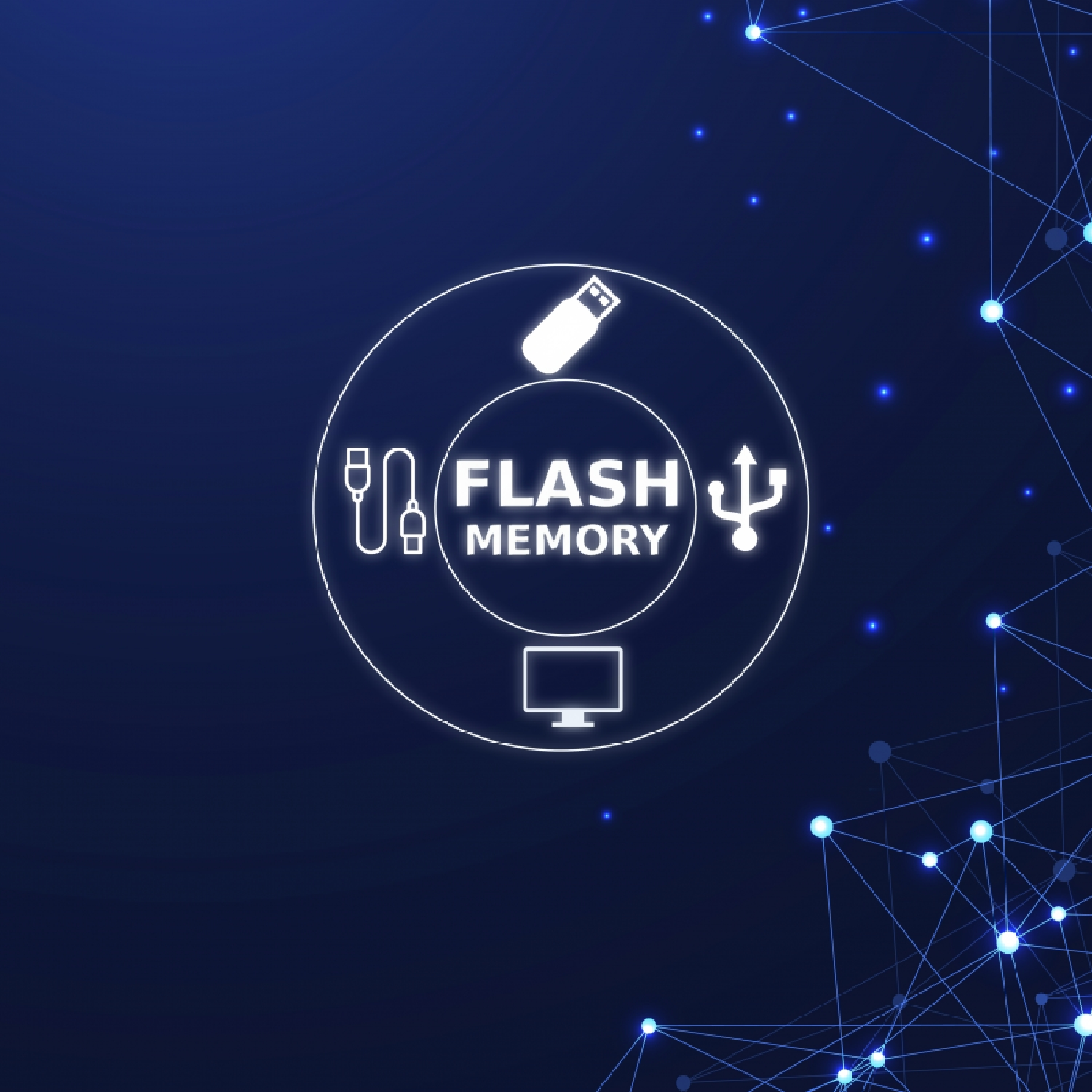 Abstract network with lights and icons for flash memory, USB, and computer.