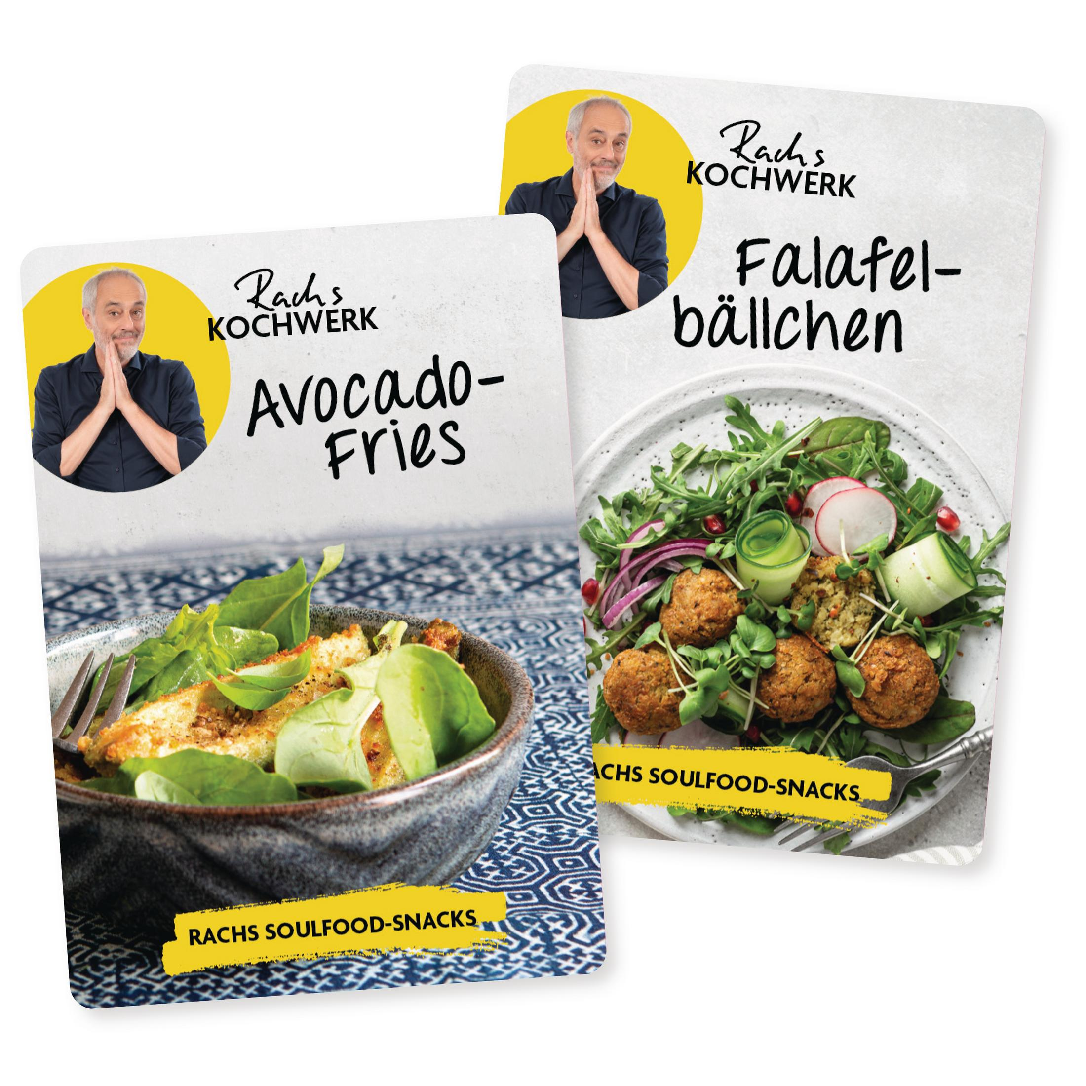 Zwei Kochbuch-Cover: Avocado-Fries und Falafel-Bällchen.