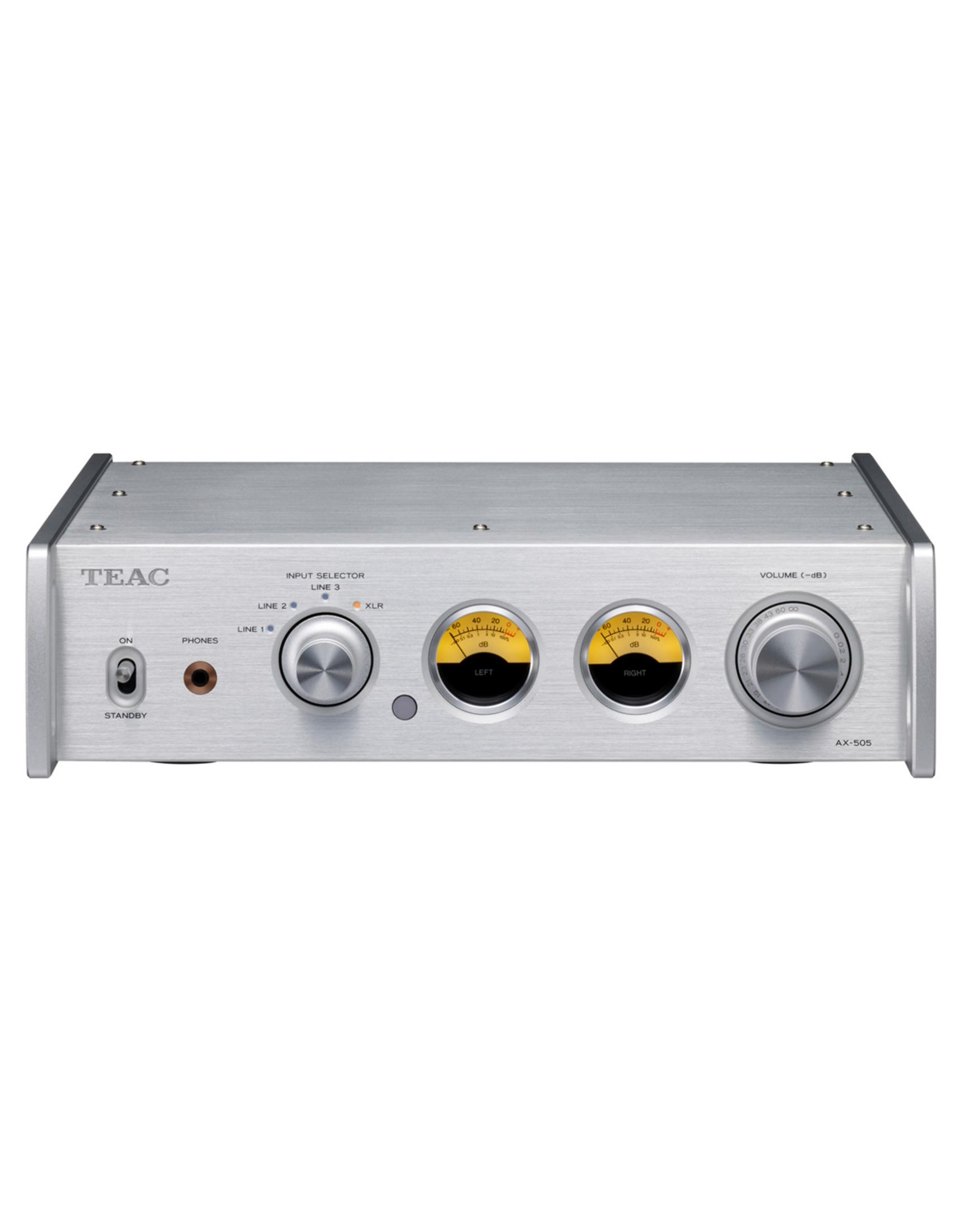 Silberner TEAC AX-505 Verstärker mit zwei Messinstrumenten und Drehreglern.