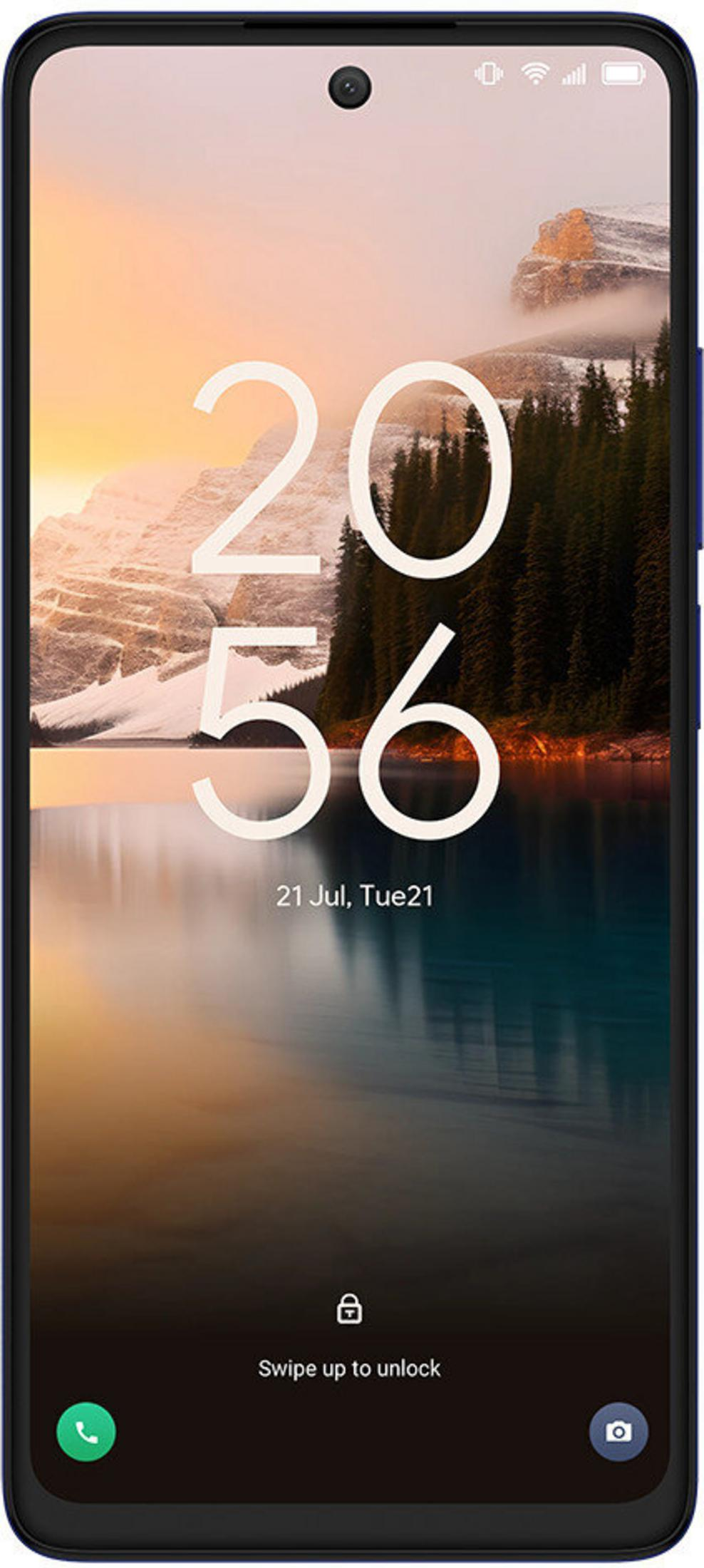 Smartphone lock screen showing mountain peaks, forest, and water. Time is 20:56.