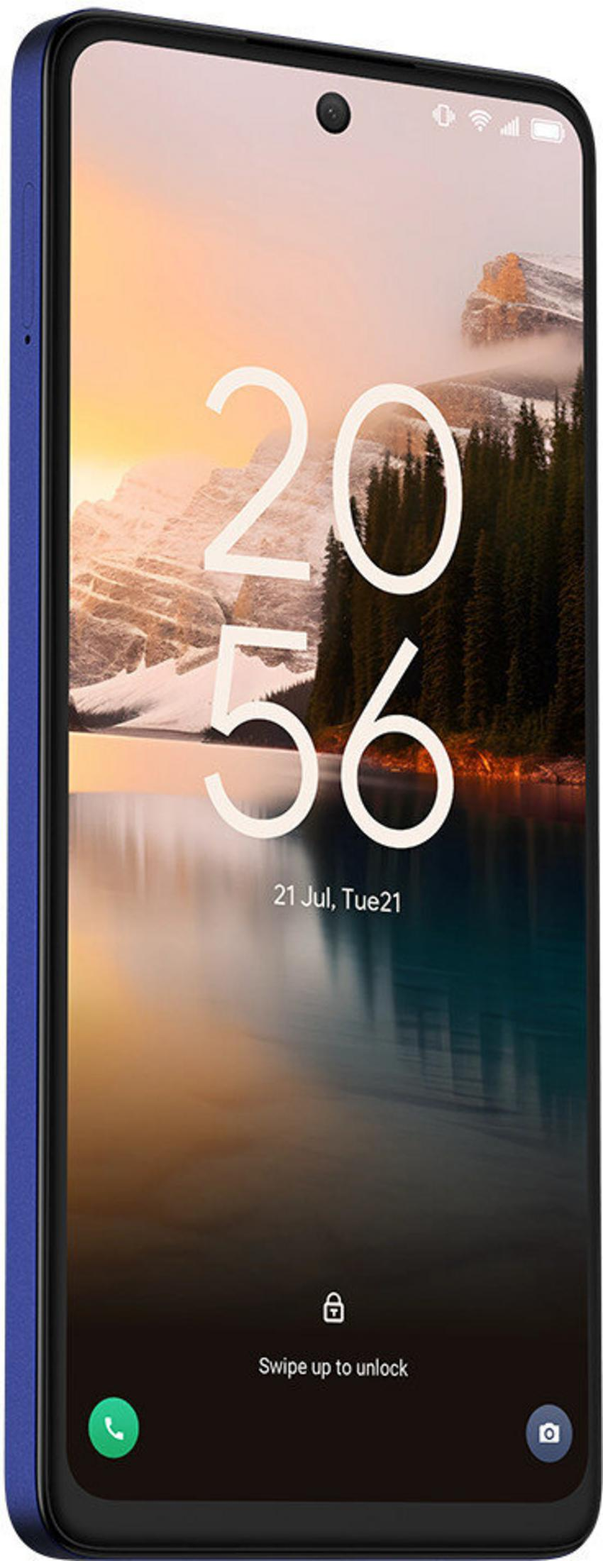 A blue smartphone displays a lock screen with a mountain and lake landscape.