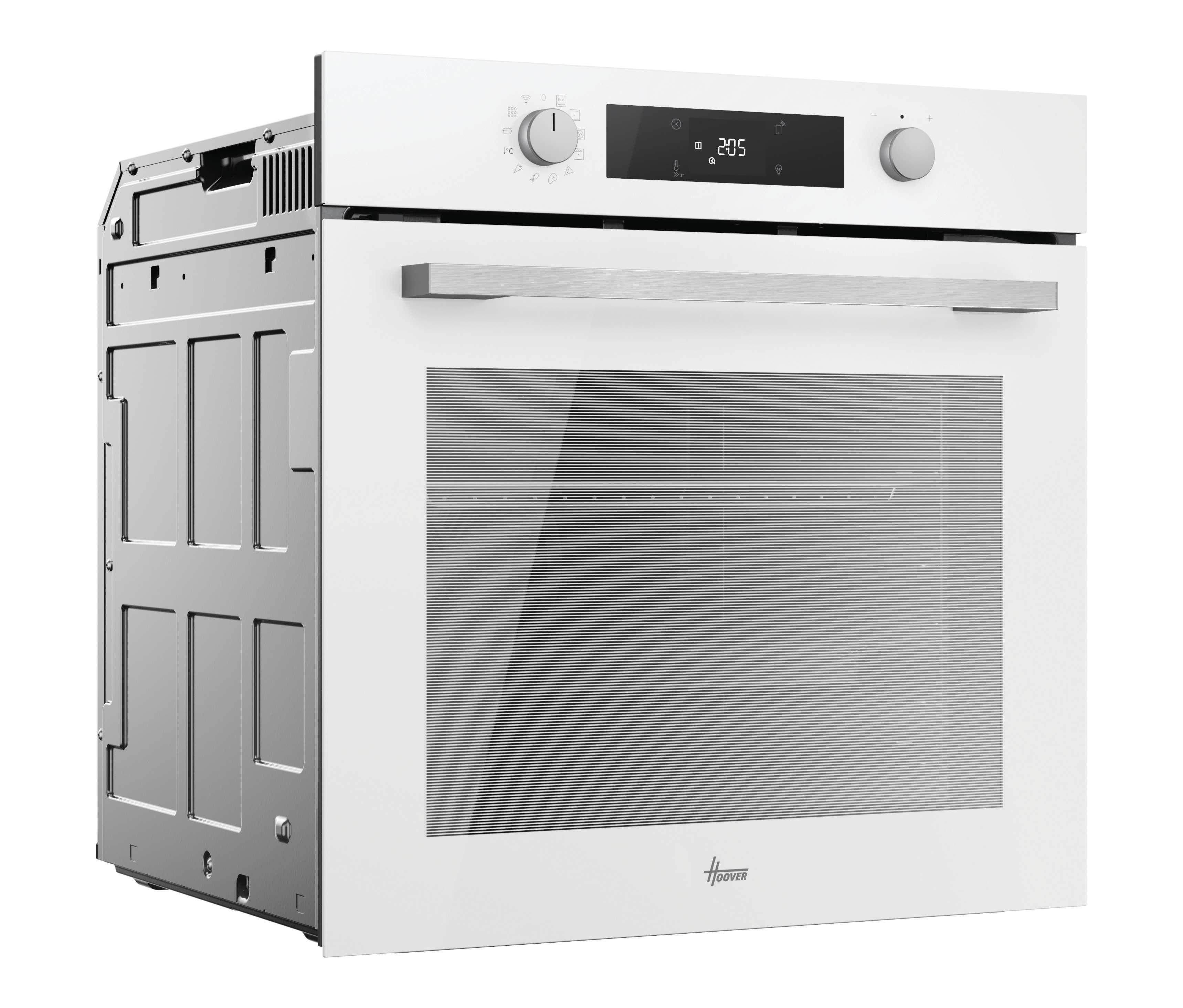 Un forno da incasso bianco moderno con display digitale, manopole e maniglia argentata.