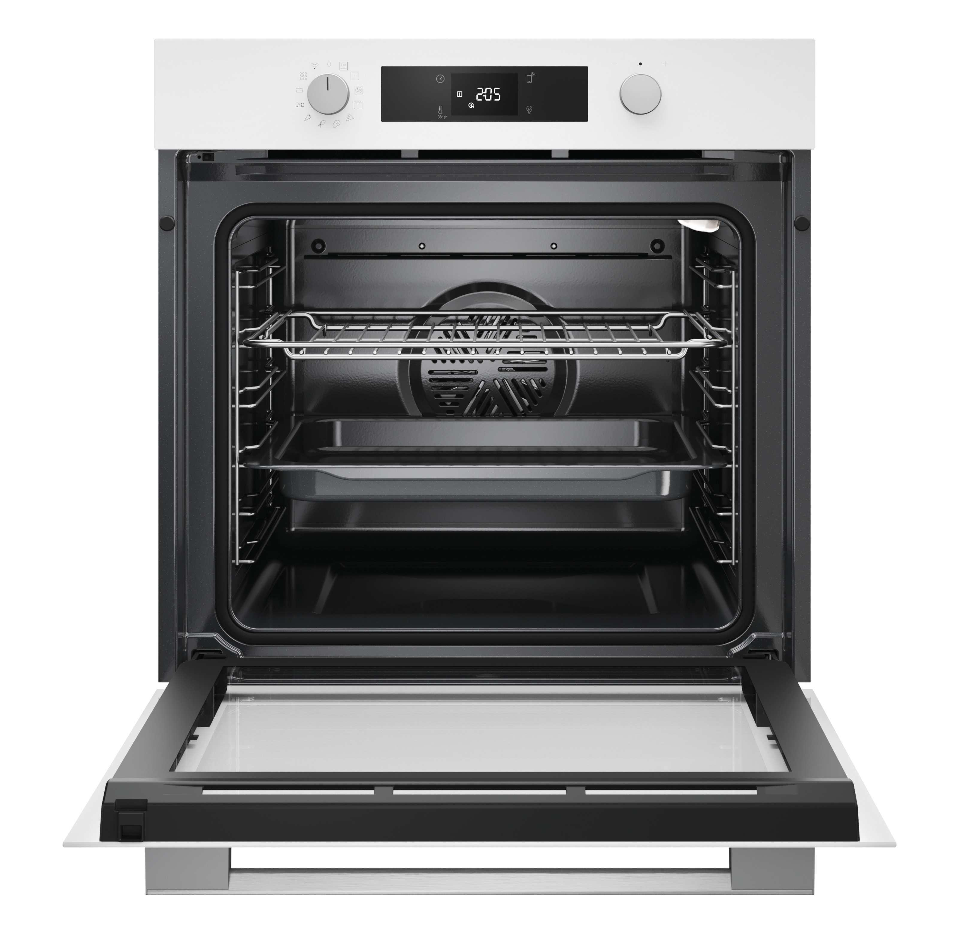 Un forno da incasso bianco con la porta aperta, che mostra l'interno.