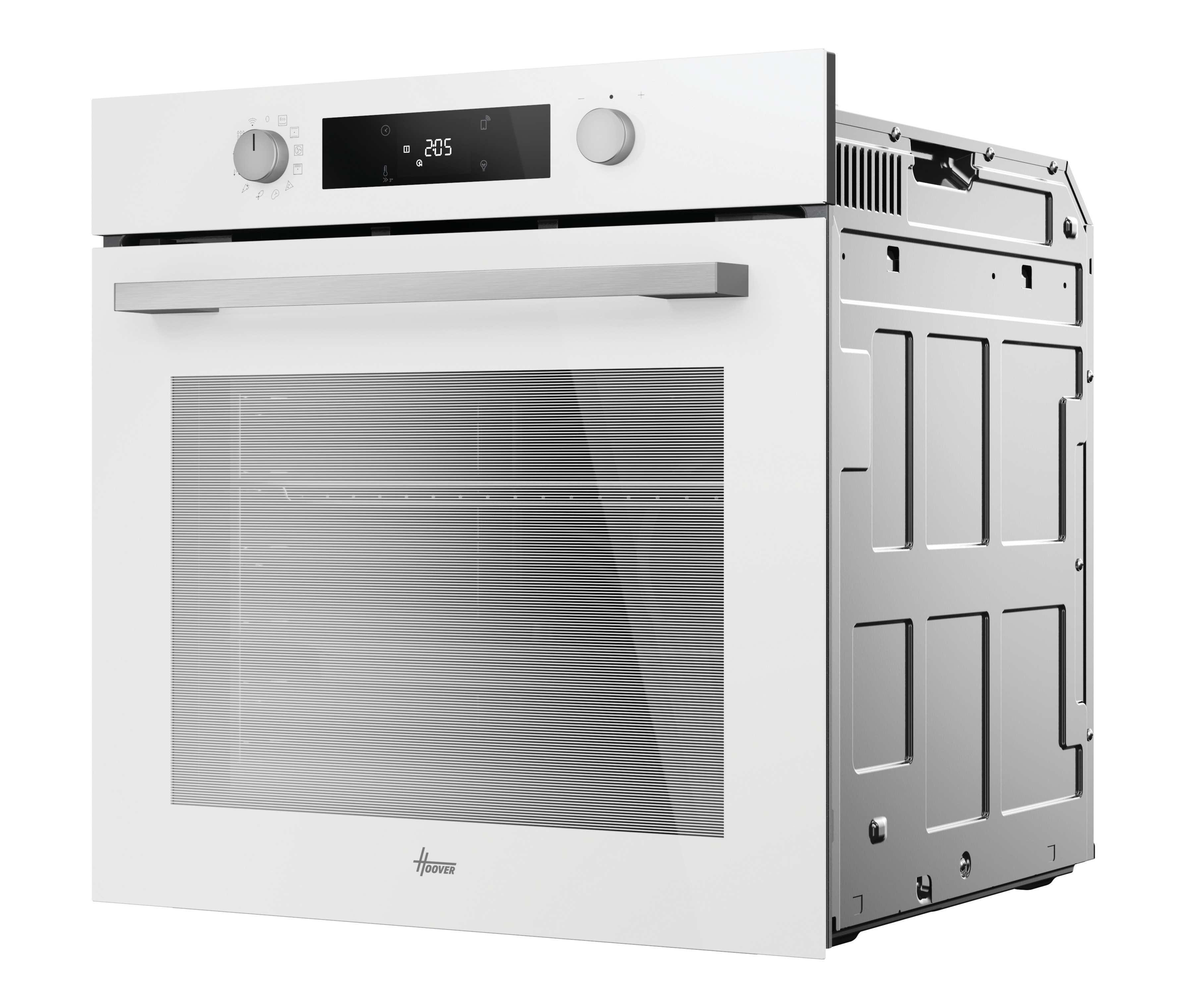 Un forno da incasso bianco con display digitale e manopola.