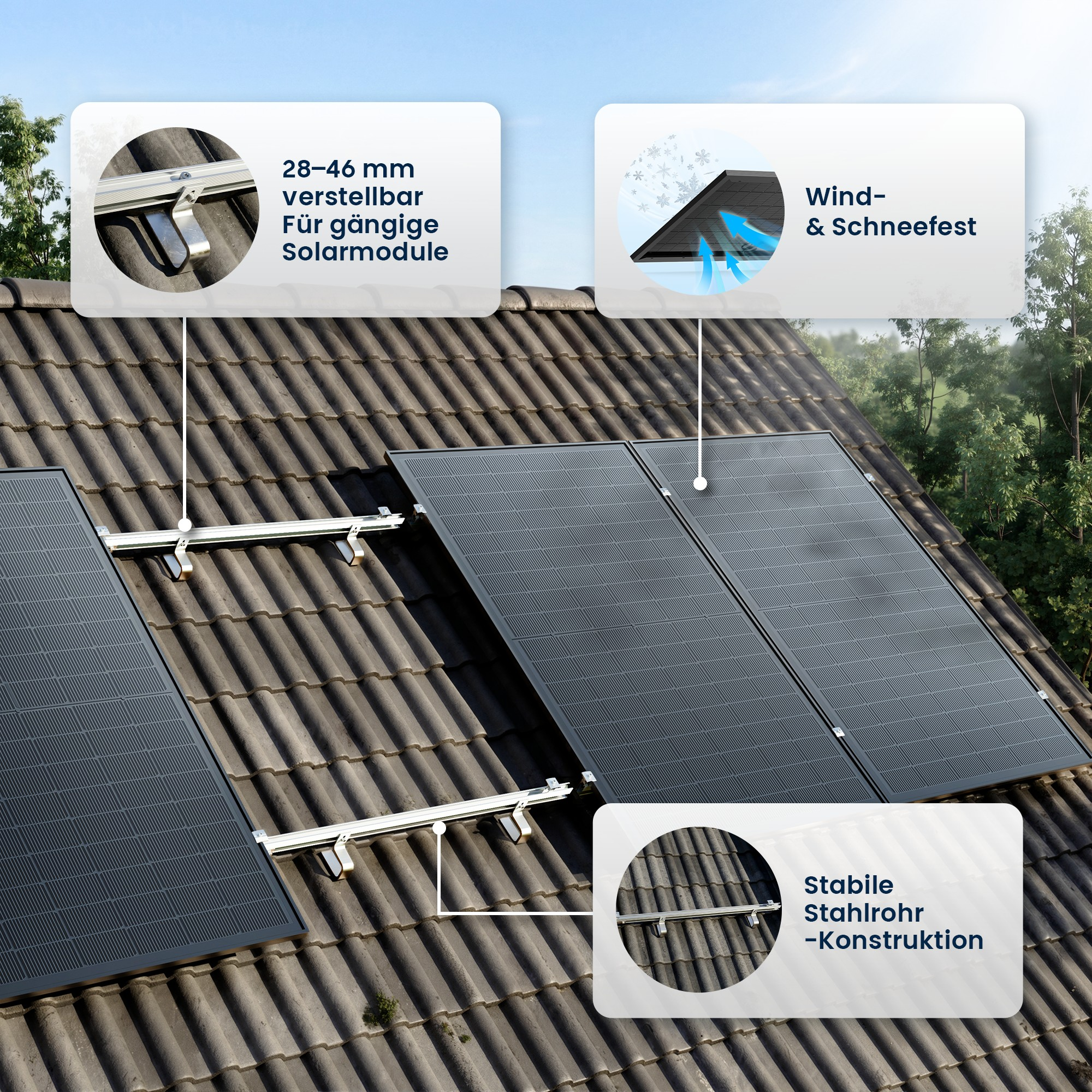Solarmodule auf einem Ziegeldach mit Stahlrohrkonstruktion, wind- & schneefest.