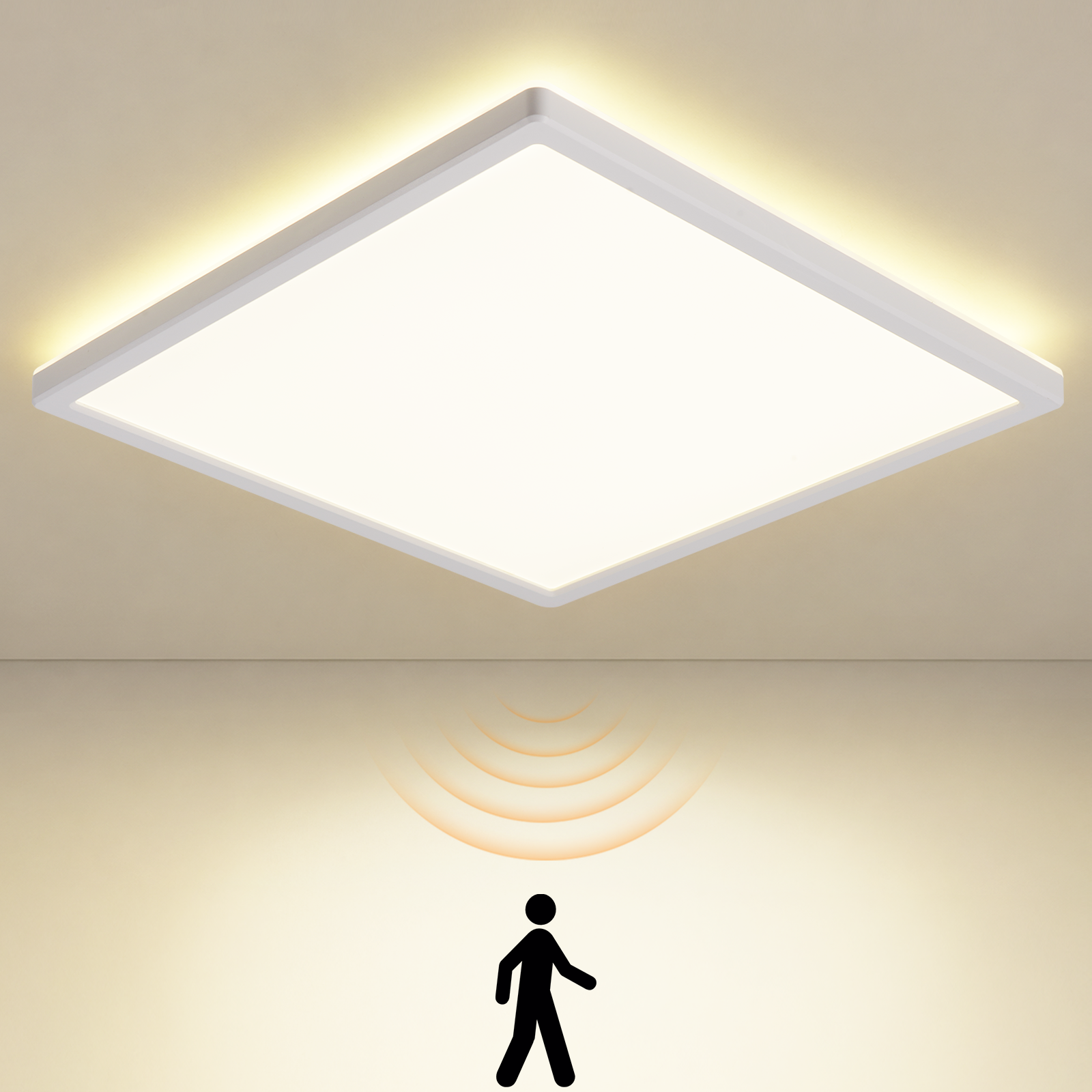 Ein rechteckiges Deckenlicht mit integriertem Bewegungssensor-Symbol.