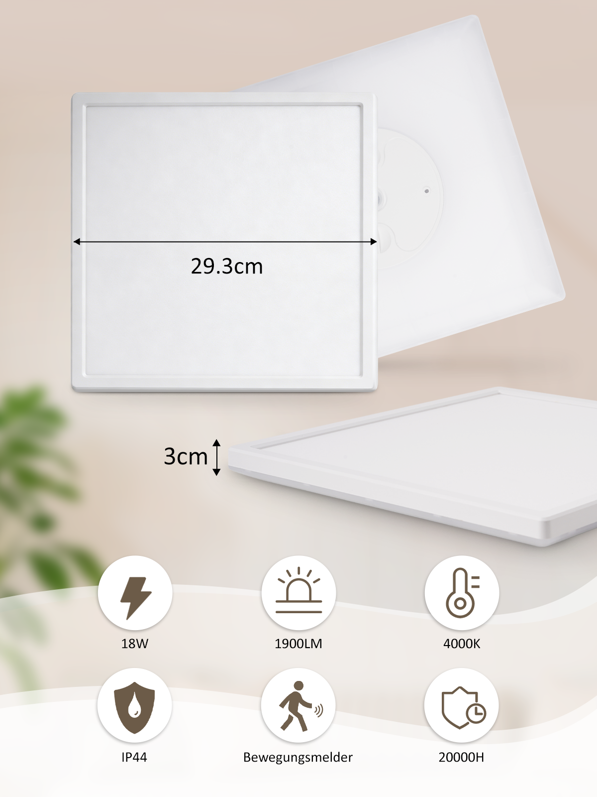Weiße LED-Deckenleuchte, 29,3cm breit, 3cm hoch, 18W, 1900LM, 4000K, IP44, Bewegungsmelder, 20000H.