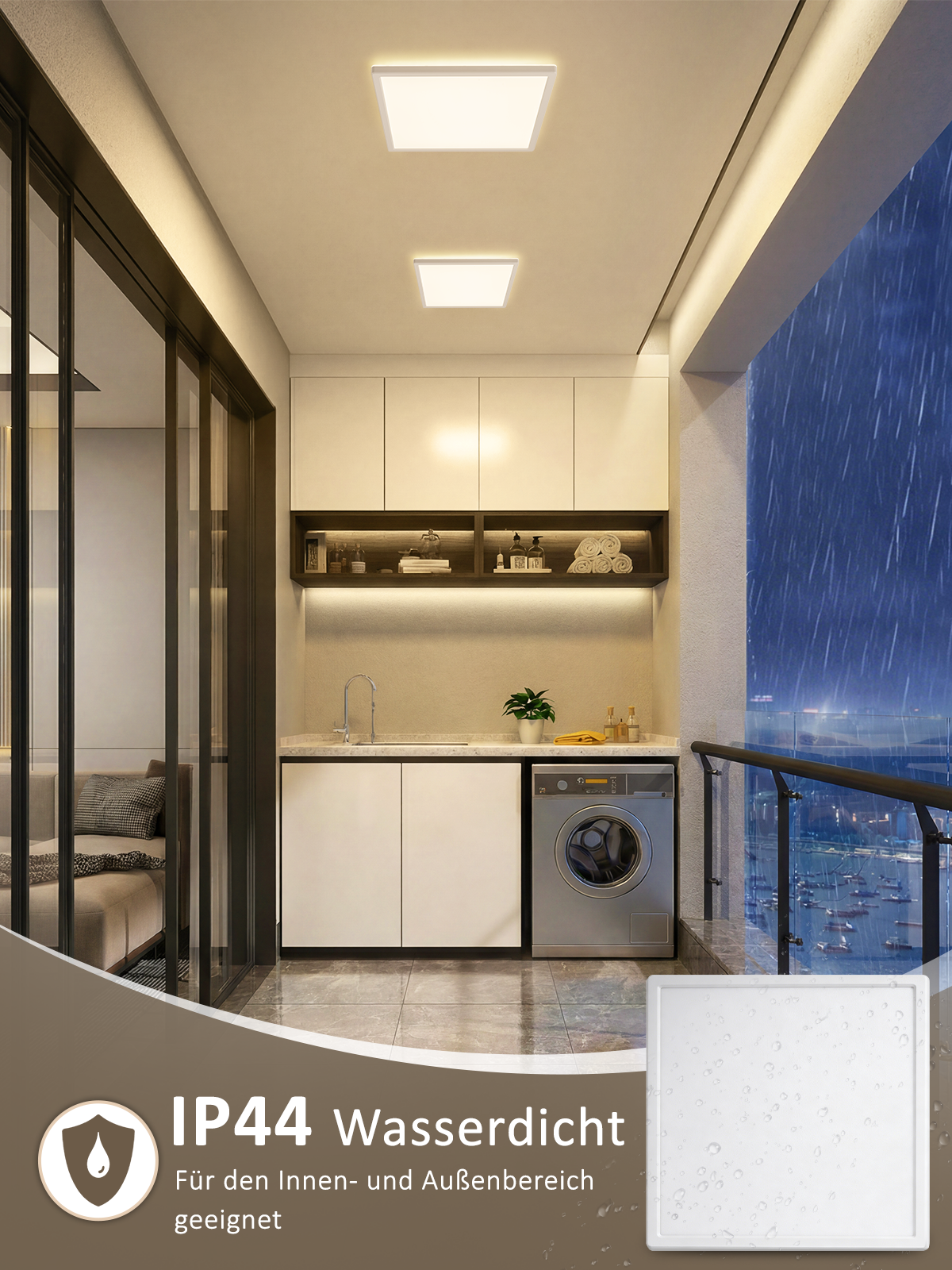 Moderne Waschküche auf einem Balkon mit Blick auf eine nächtliche Stadt. IP44.