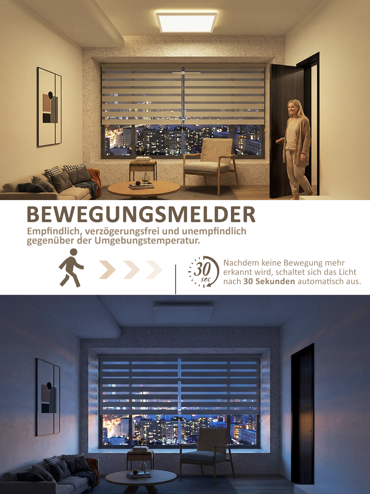 Ein Wohnzimmer mit einem Sofa, Stuhl, Tisch und Fenster mit Stadtblick bei Nacht.