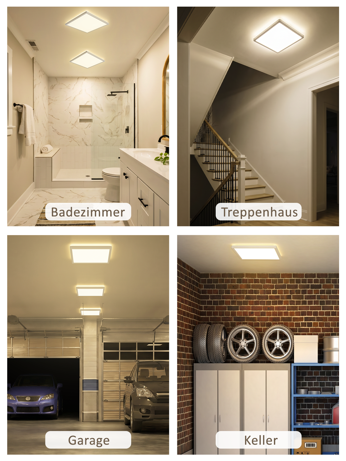 Vier Bilder: modernes Bad, Treppenhaus, Garage und Keller mit Regalen.