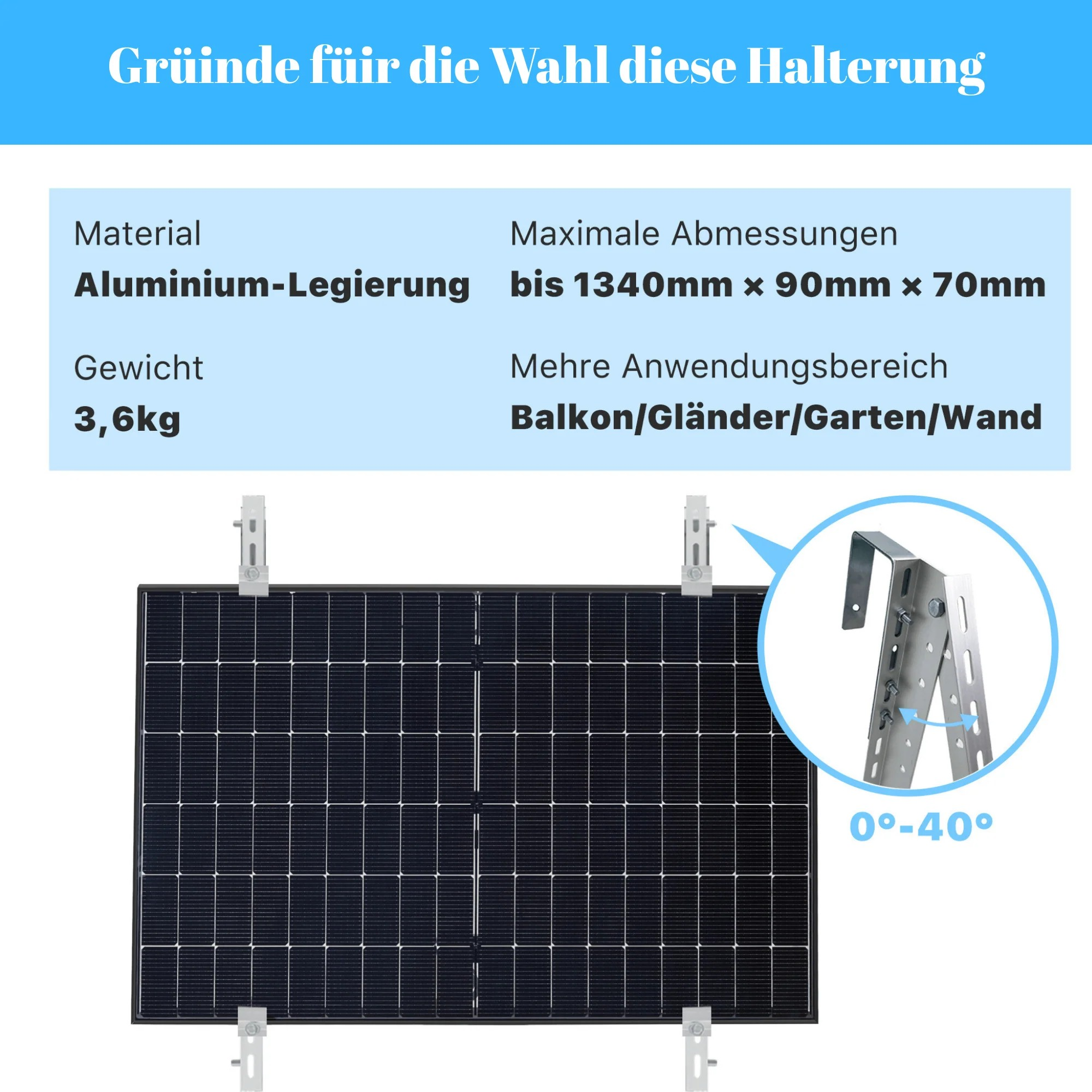 Solarmodulhalterung aus Aluminium, 3,6kg, für Balkon, Geländer, Garten, Wand, 0-40°.