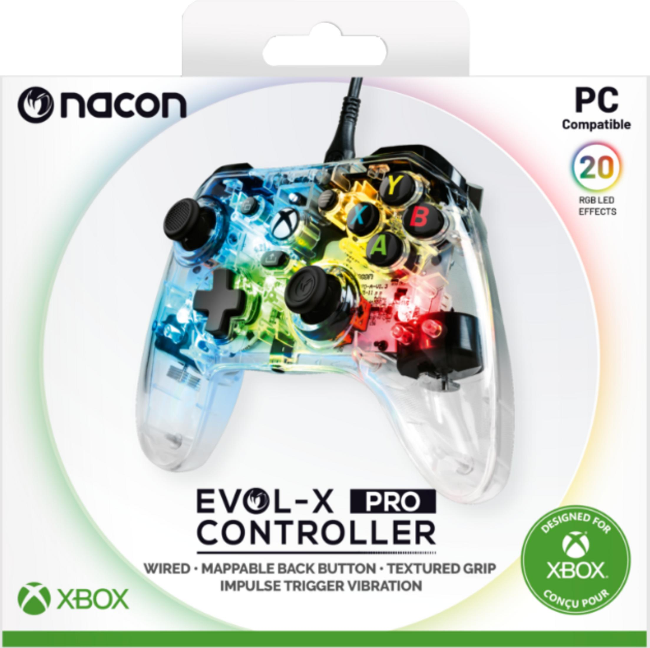 Przezroczysty kontroler Nacon Evol-X Pro na Xbox z efektami LED RGB.