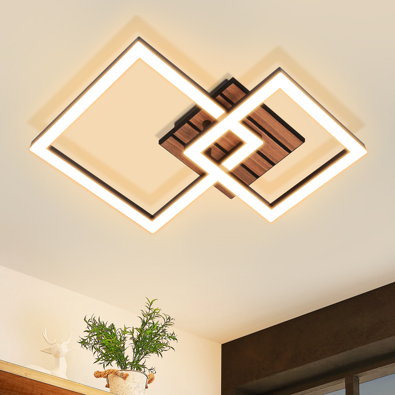 Moderne Deckenleuchte mit Holzdetails und LED-Licht in geometrischem Design.