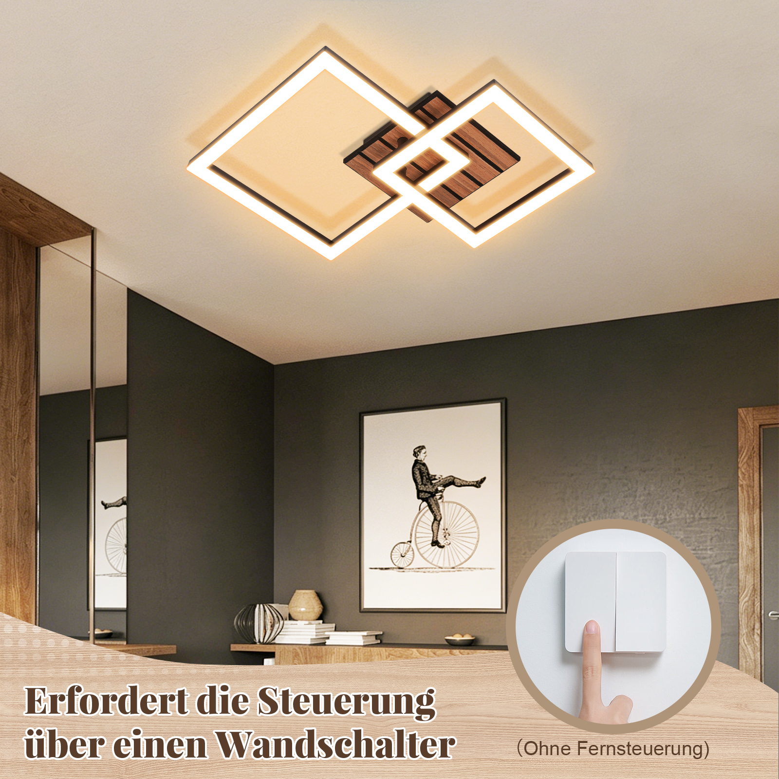 Moderne Deckenleuchte aus Holz und Metall mit LED-Beleuchtung. Wandmontage.