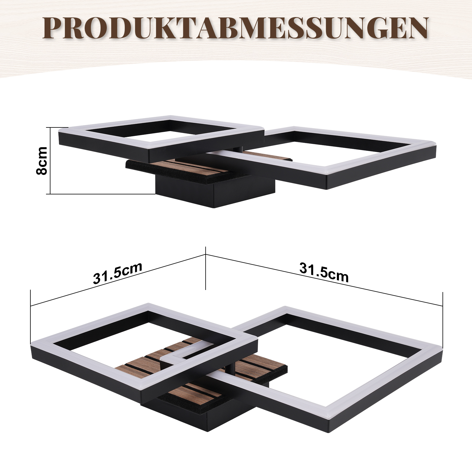 Schwarzer Rahmen mit Holzdetails, 8 cm hoch und 31,5 cm breit.