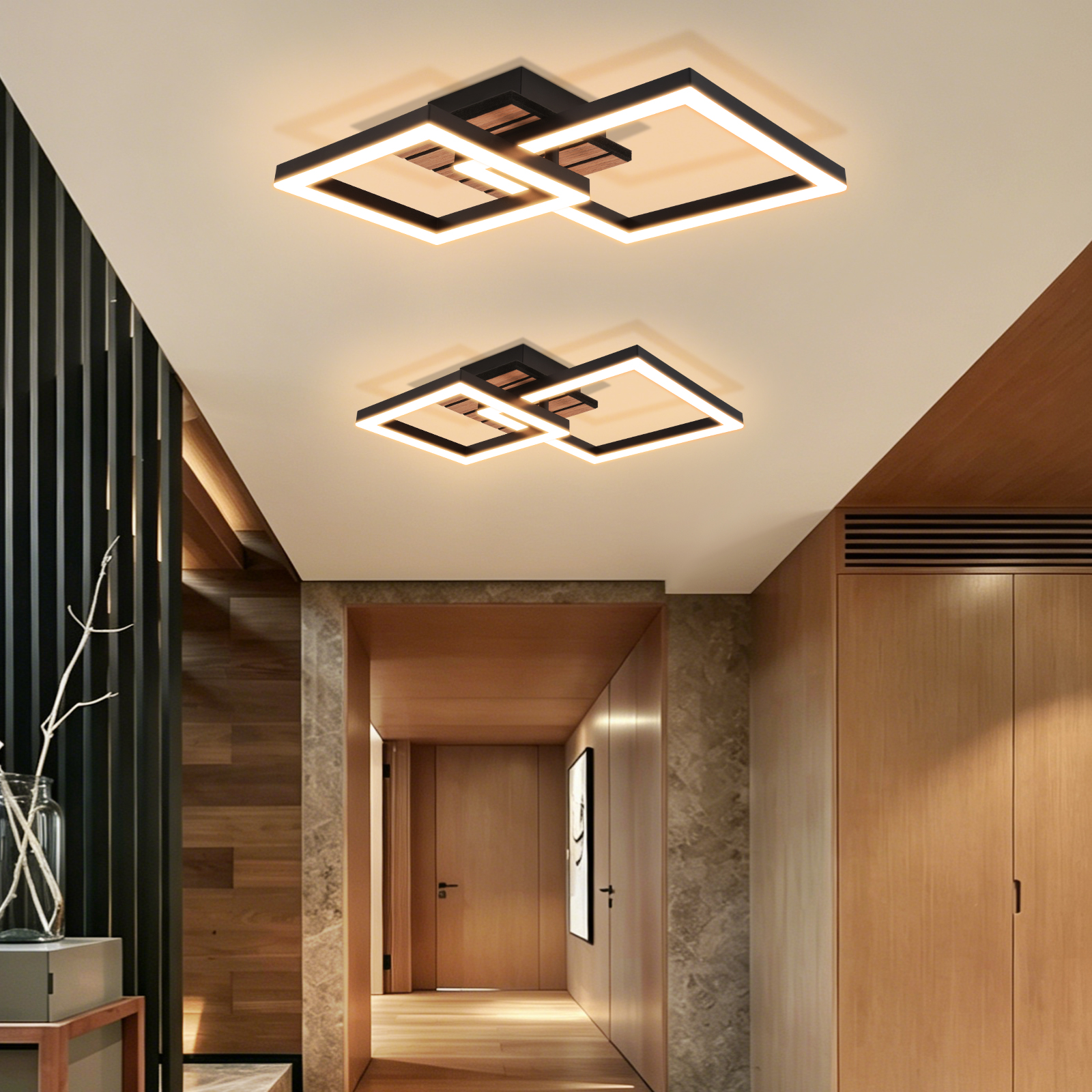 Moderne Deckenleuchten in einem Korridor mit Holzakzenten und Türen.