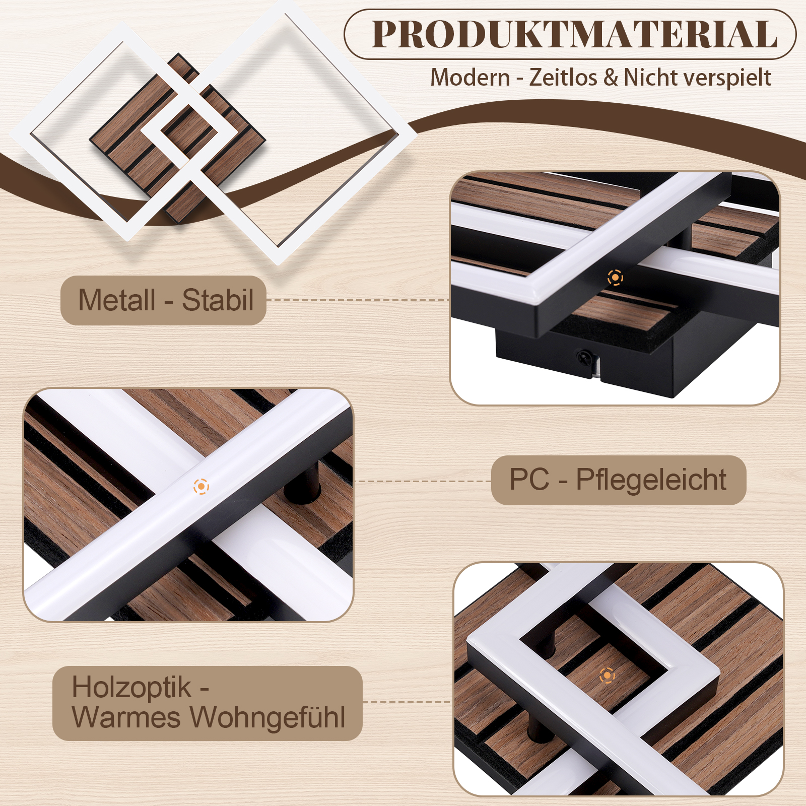 Produktmaterial: Metall, Holzoptik, PC. Modern, stabil, pflegeleicht.