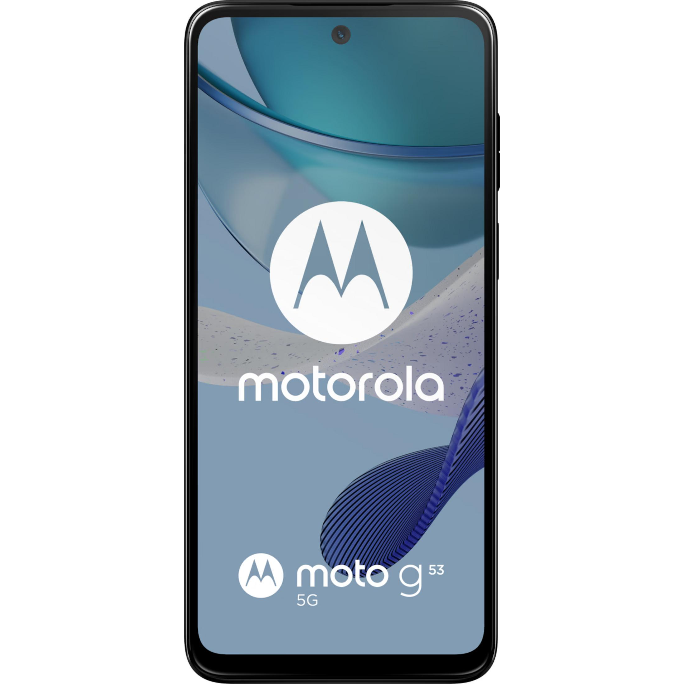 Smartfon Motorola Moto G 5G z niebieskim abstrakcyjnym tłem.