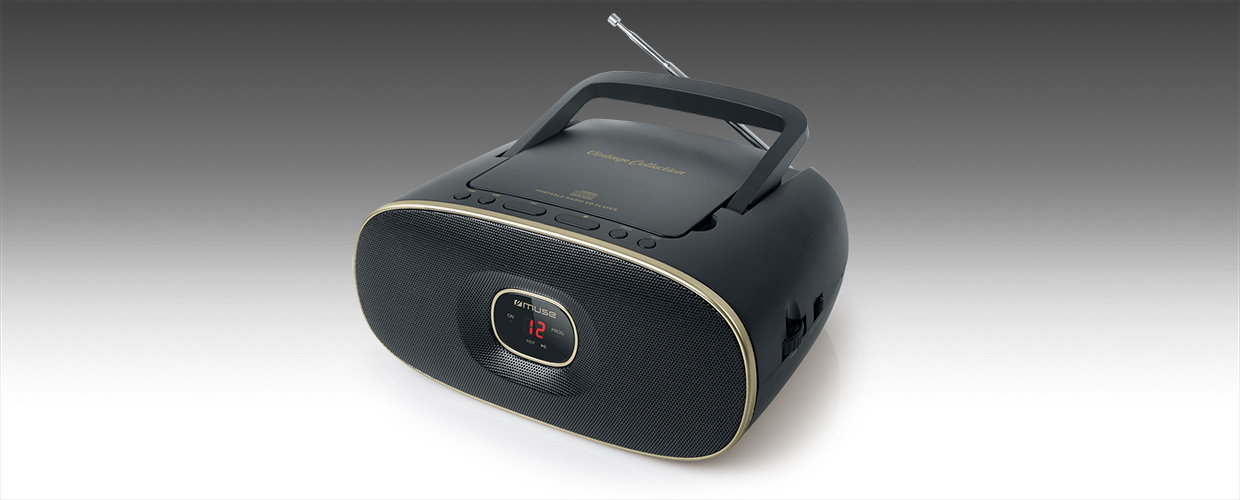 Lettore CD portatile nero con radio e maniglia pieghevole, finitura oro.