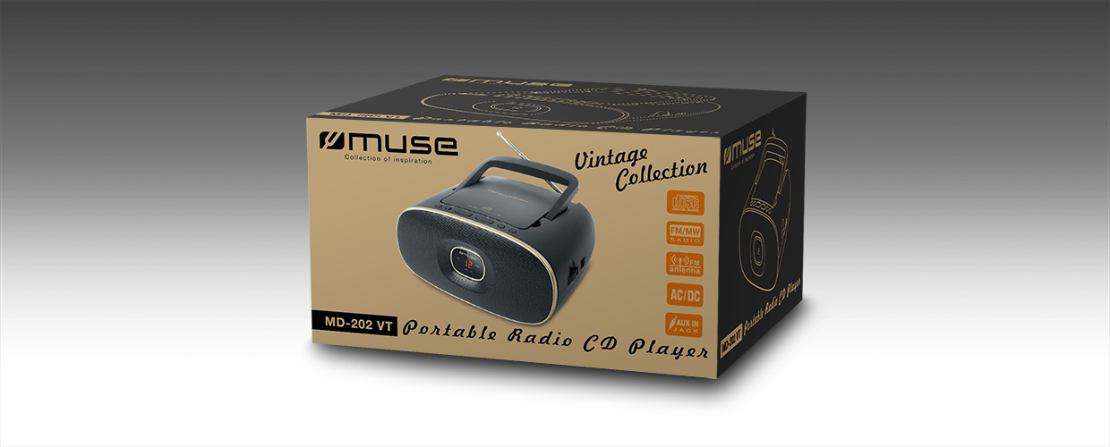 Lettore radio CD portatile Muse MD-202 VT Vintage Collection in scatola.