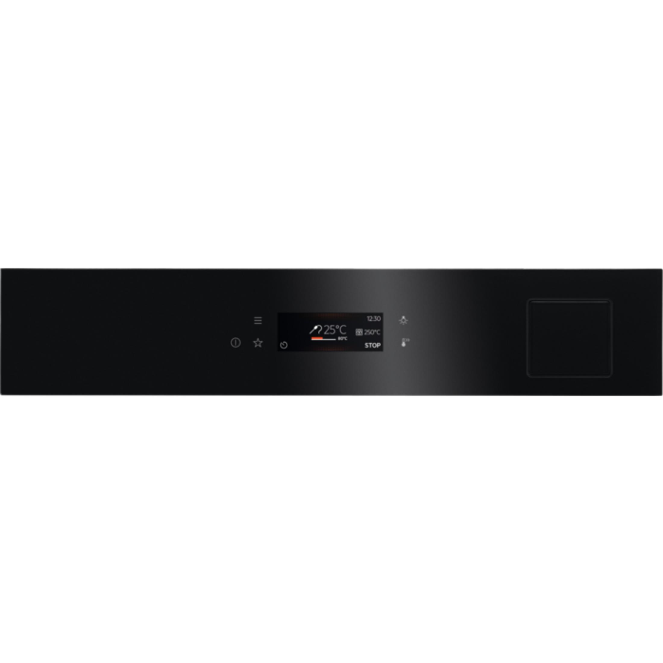 Black oven control panel with digital display and controls.