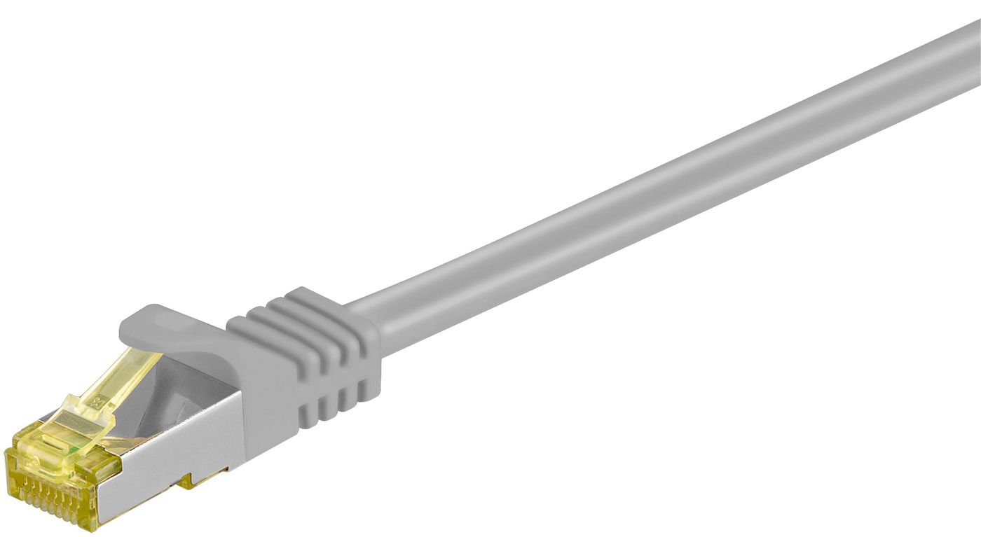 Un cavo Ethernet grigio con connettore RJ45 giallo.