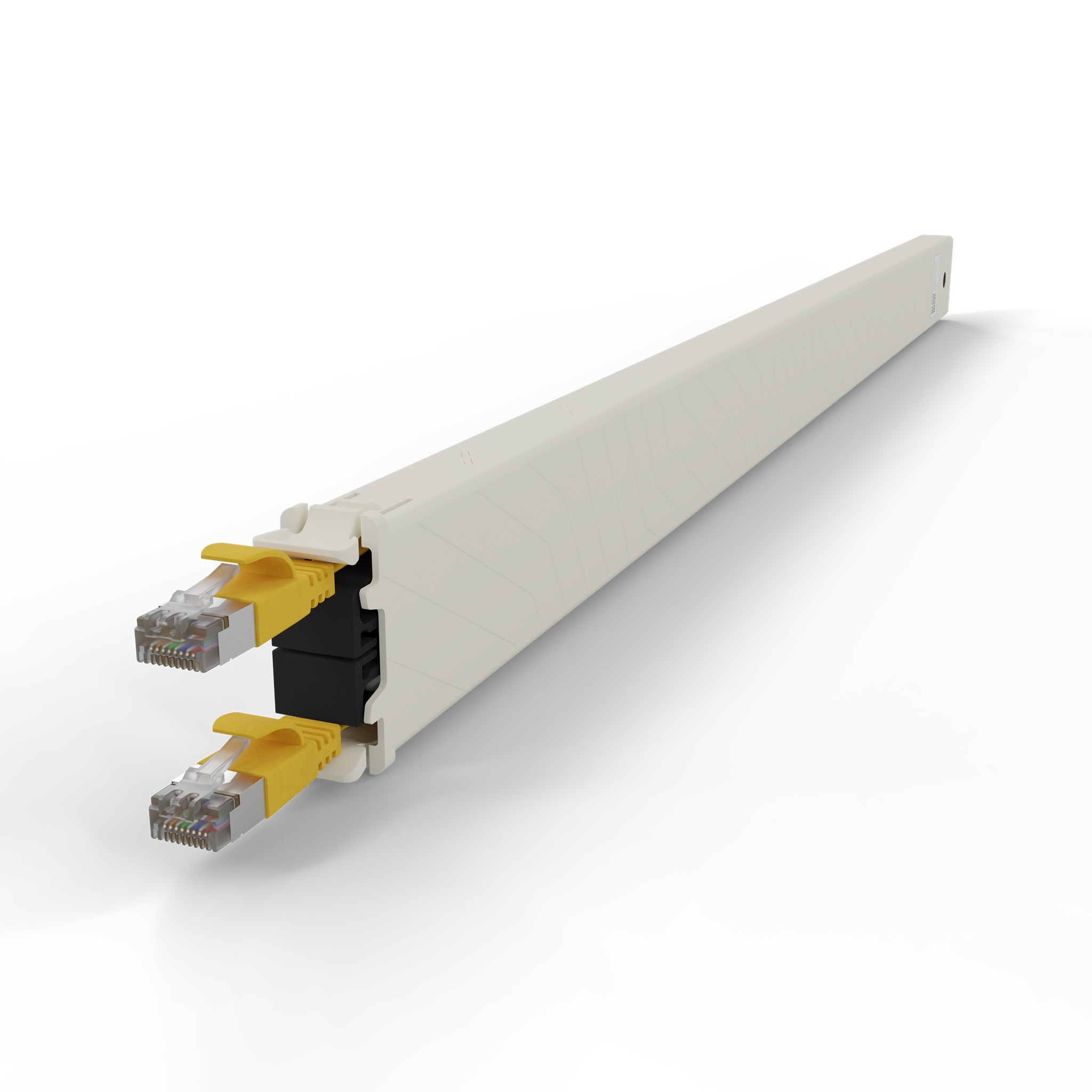 Una canalina passacavi bianca con due connettori Ethernet gialli