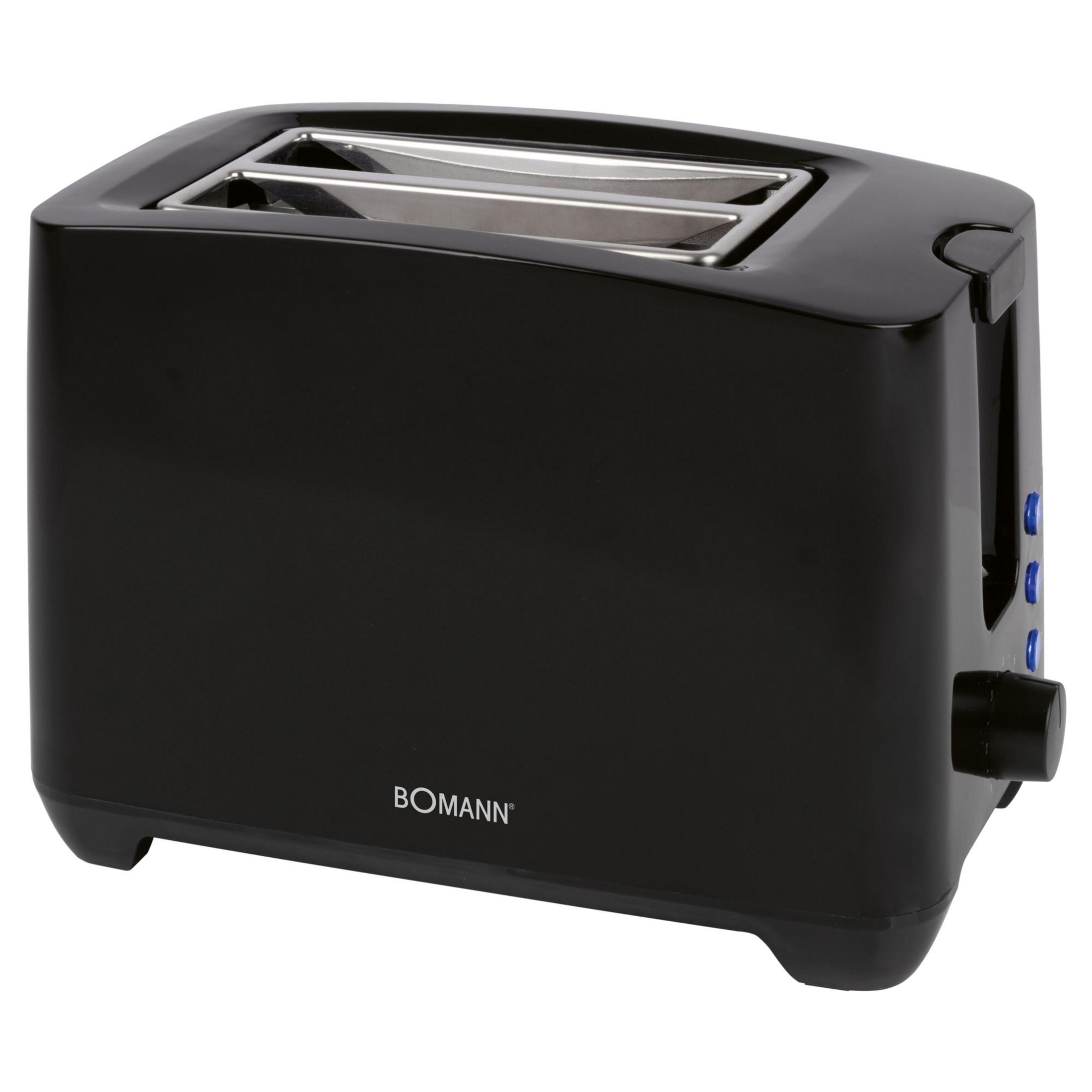Ein schwarzer Zweischlitztoaster mit Chromakzenten und blauen Bedientasten.