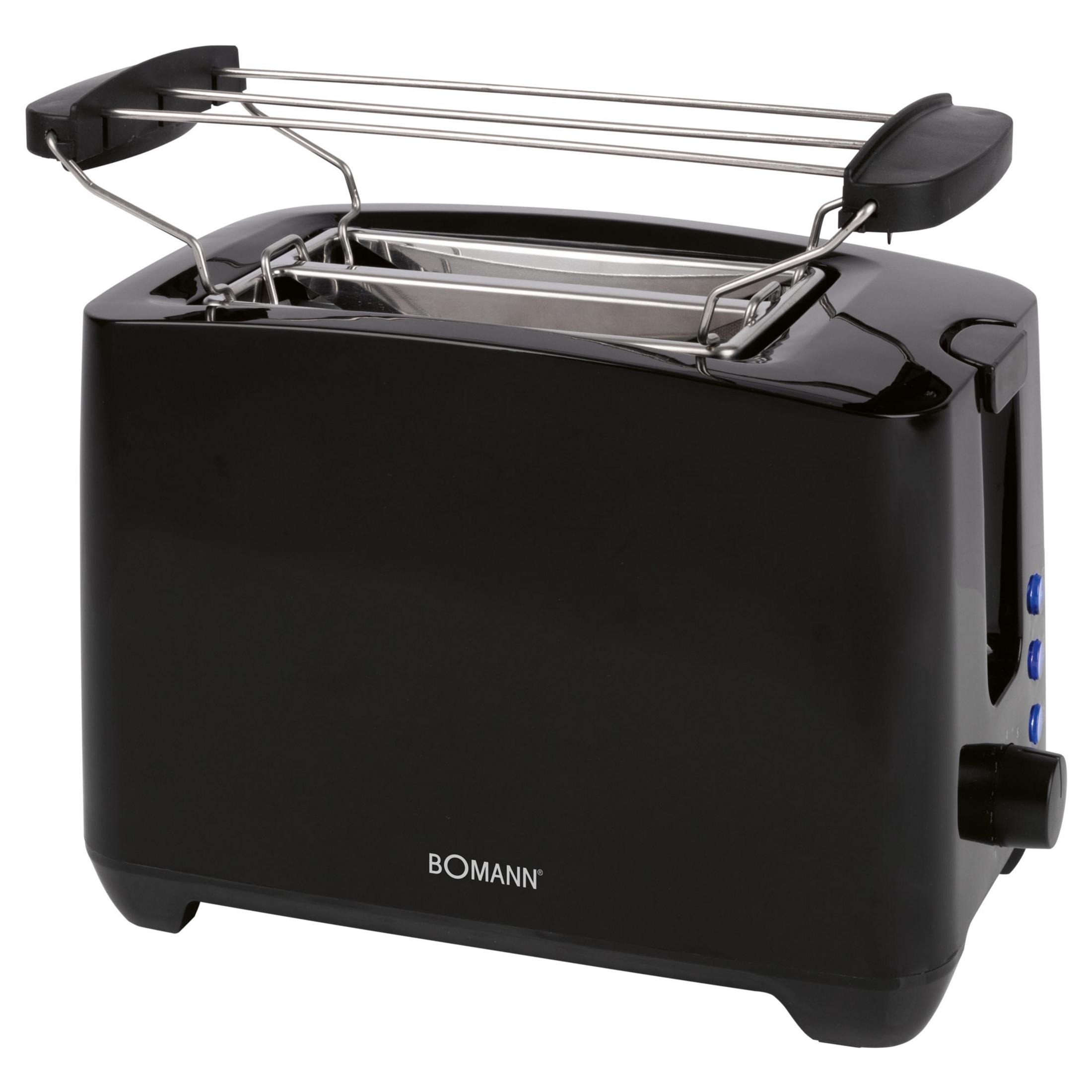 Ein schwarzer Toaster mit Chrom-Brötchenaufsatz und blauen Knöpfen.