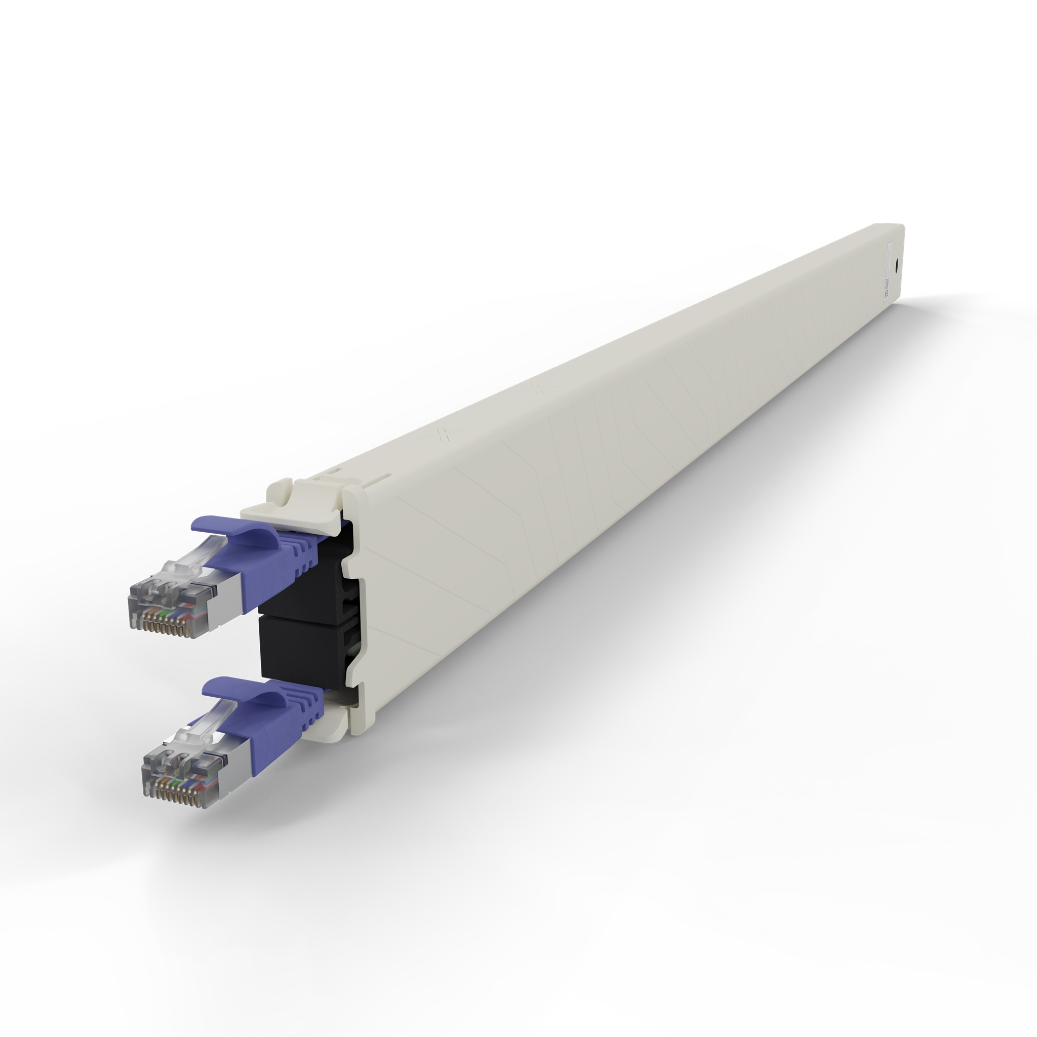 Ein weißes Kabelmanagement-Tool mit zwei blauen Ethernet-Steckern.