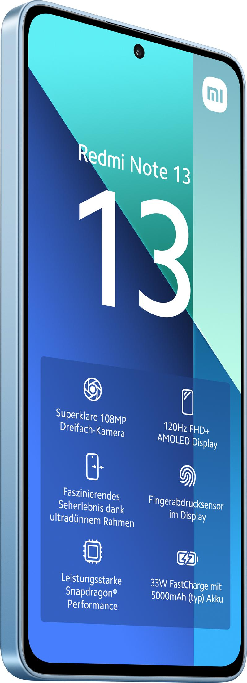 Blauwe smartphone met Redmi Note 13 tekst, camera en batterij info.