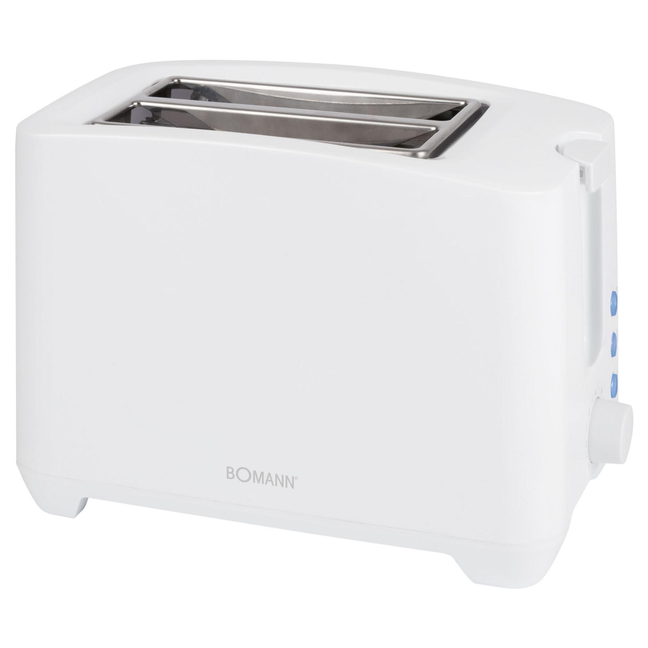 Ein weißer Bomann-Toaster mit zwei Schlitzen und blauen Bedienelementen.