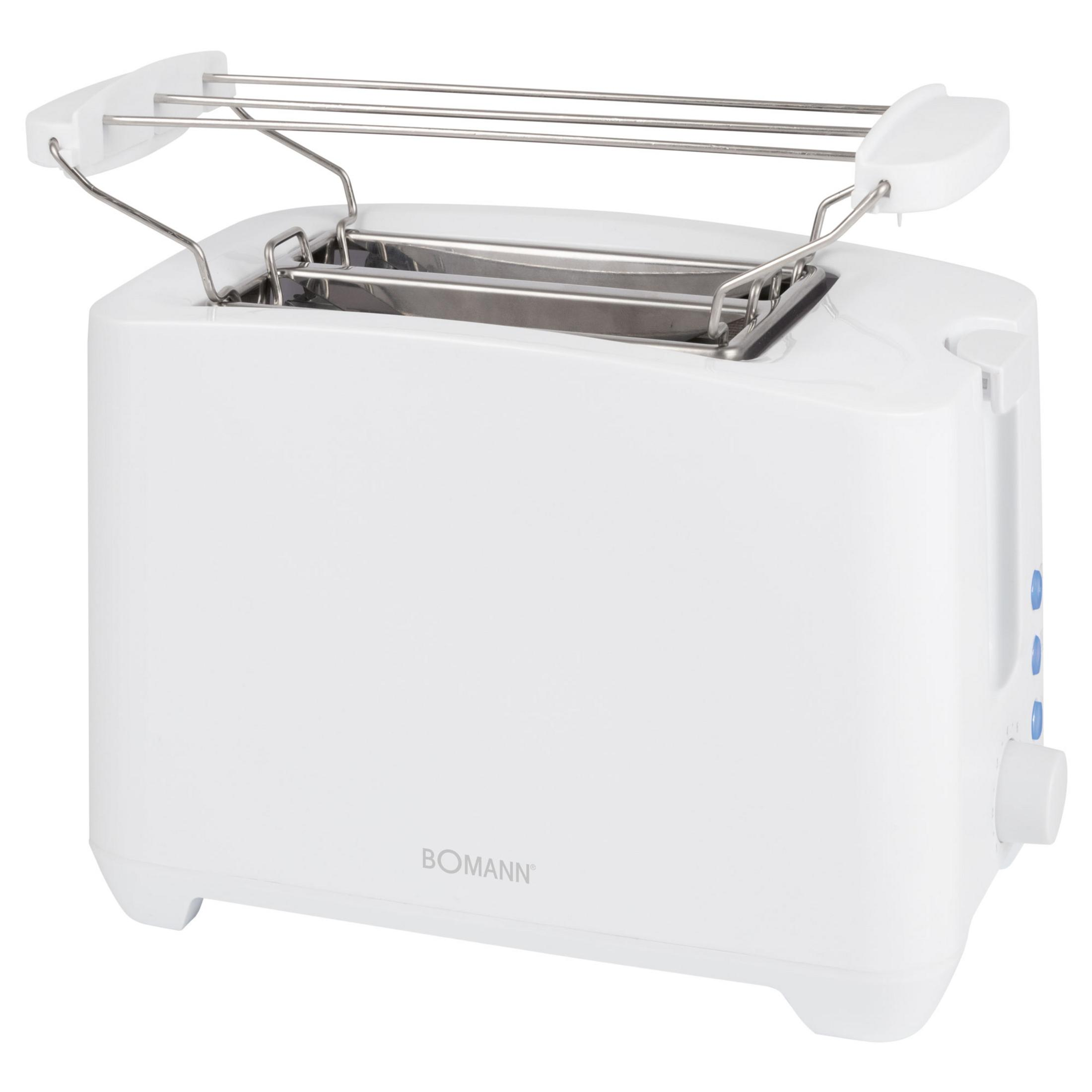 Ein weißer Toaster mit Chrom-Brötchenaufsatz und blauen Bedienelementen.
