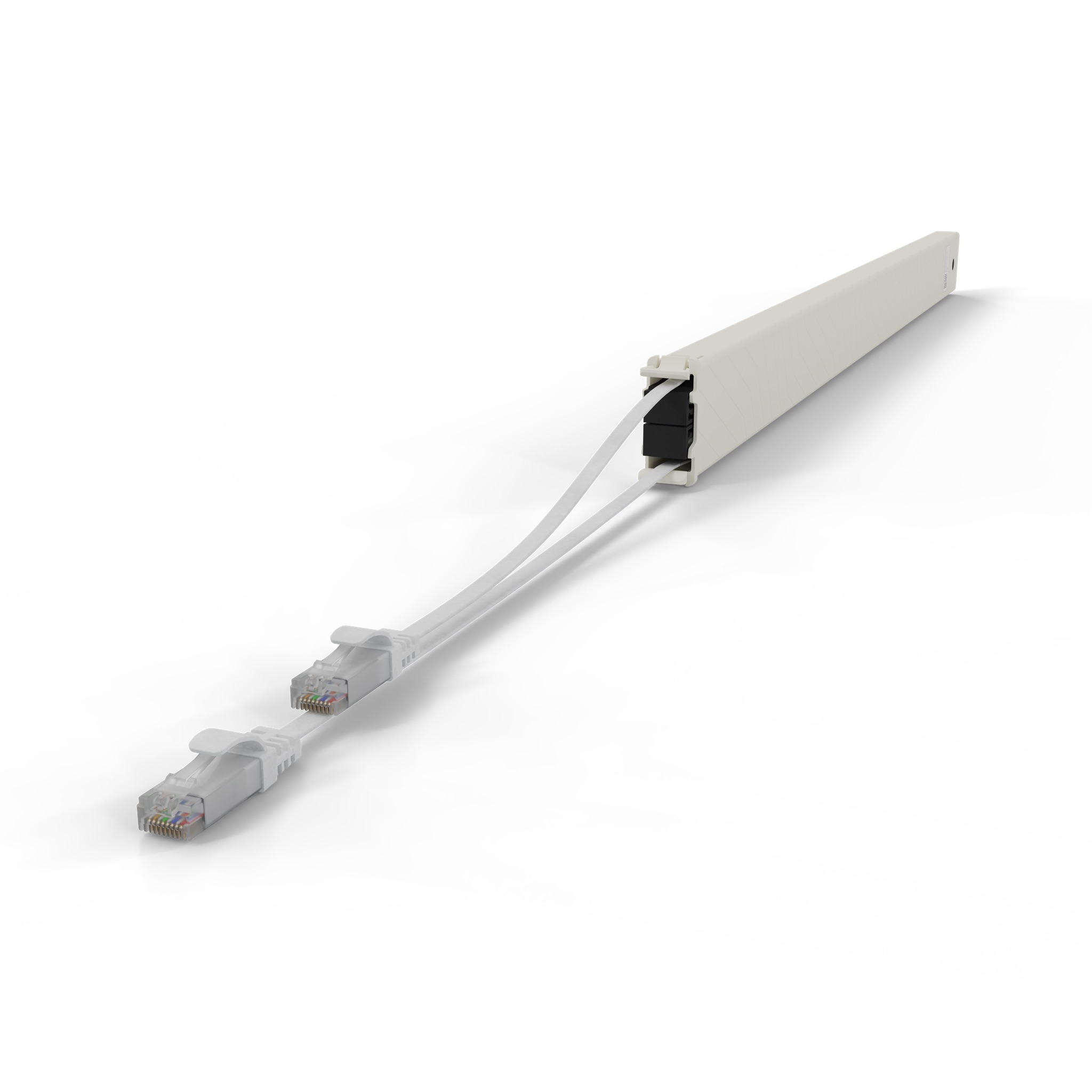 Un dispositivo bianco per la gestione dei cavi con due cavi Ethernet bianchi.