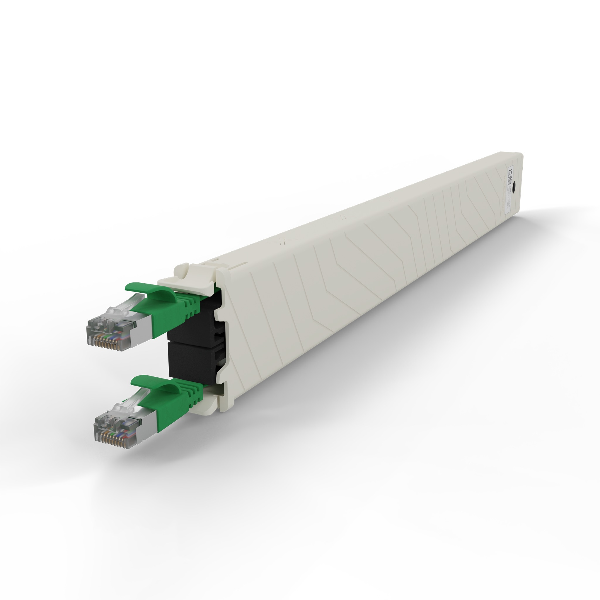 Un involucro beige con due connettori Ethernet verdi che sporgono.