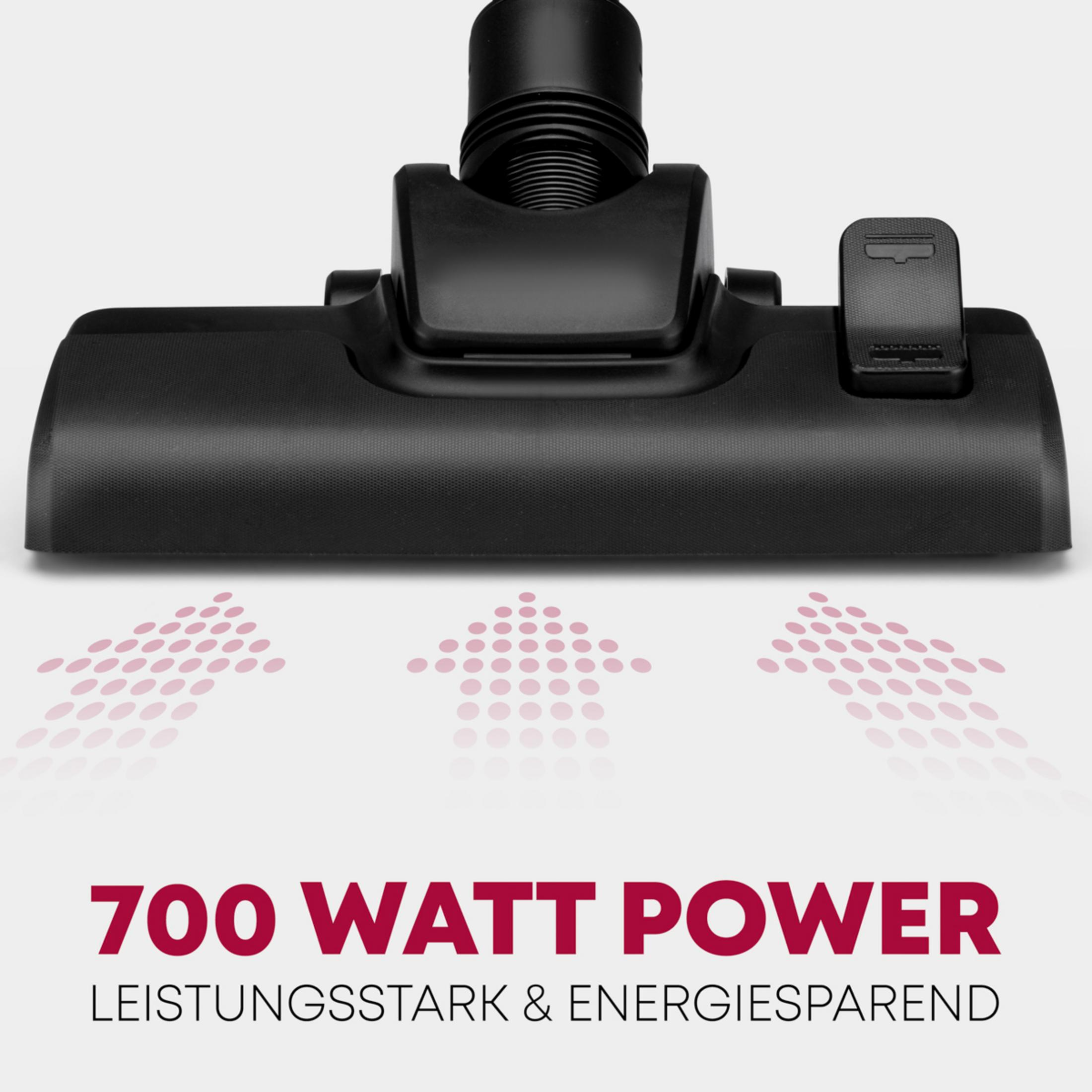 Czarna głowica odkurzacza ze strzałkami i tekstem "700 WATT POWER".