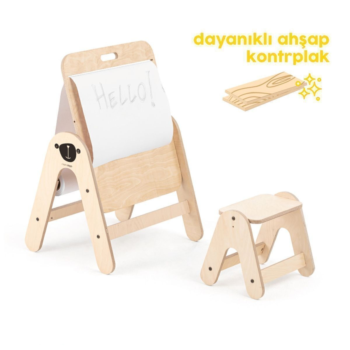 Ahşap şövale ve tabure, üzerinde "Merhaba" yazan kağıt.