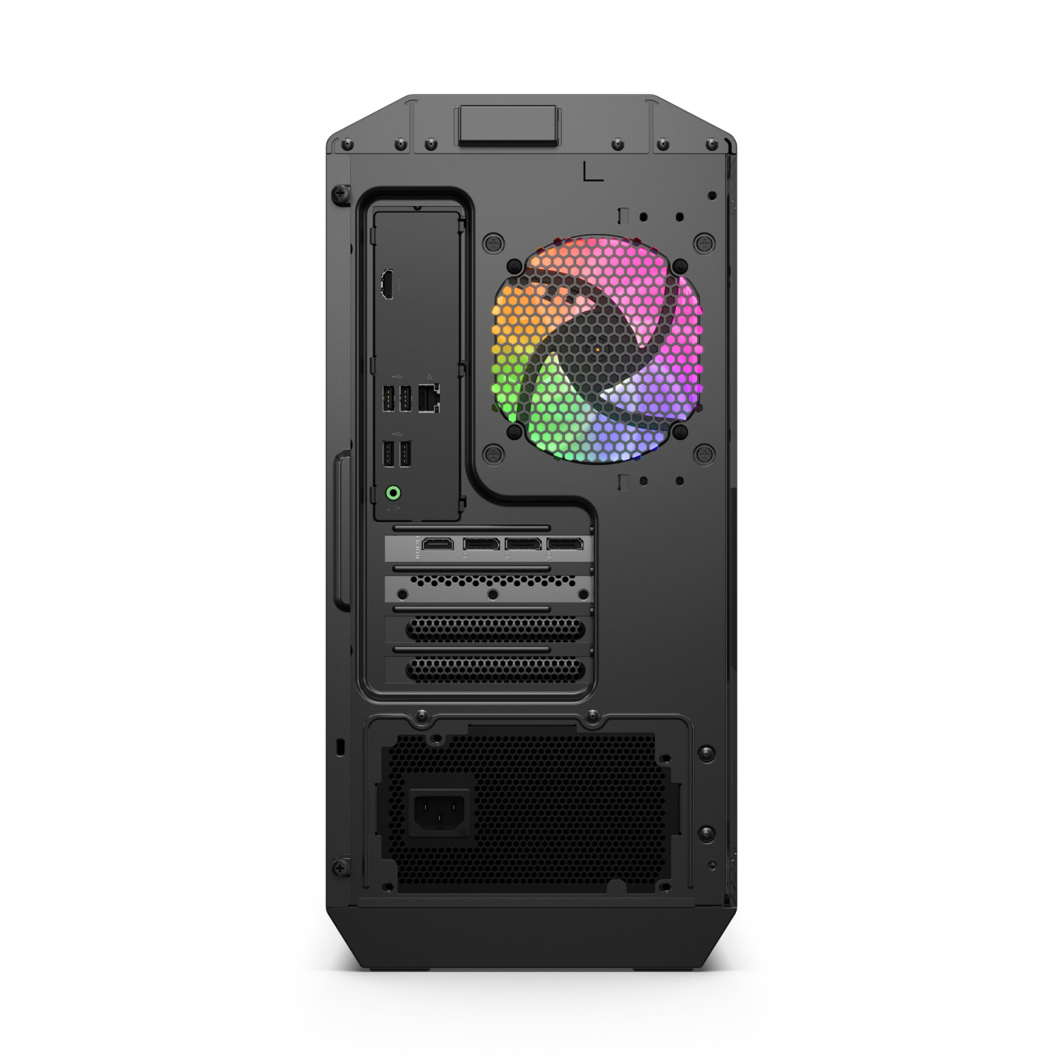Retro di un case PC nero con porte e ventola RGB.