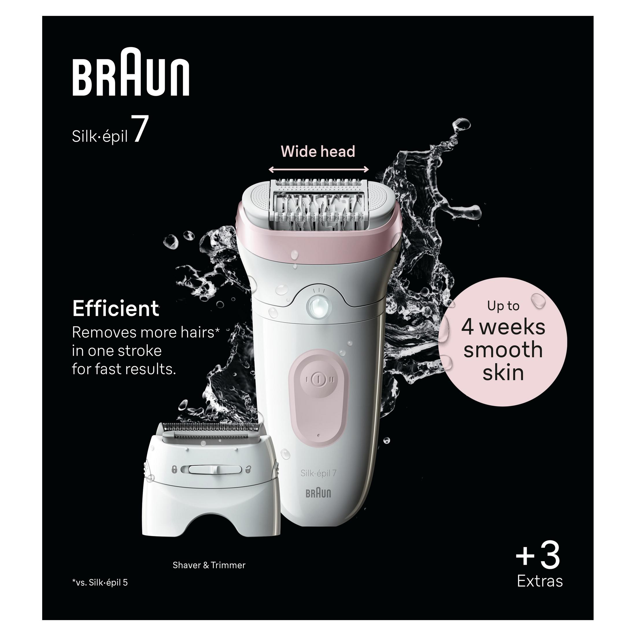 Depiladora Braun Silk-épil 7 con cabezal ancho, eficiente, para hasta 4 semanas de piel suave.