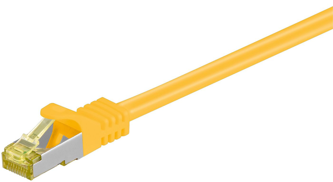 Un cavo di rete giallo con connettore RJ45, isolato su sfondo bianco.