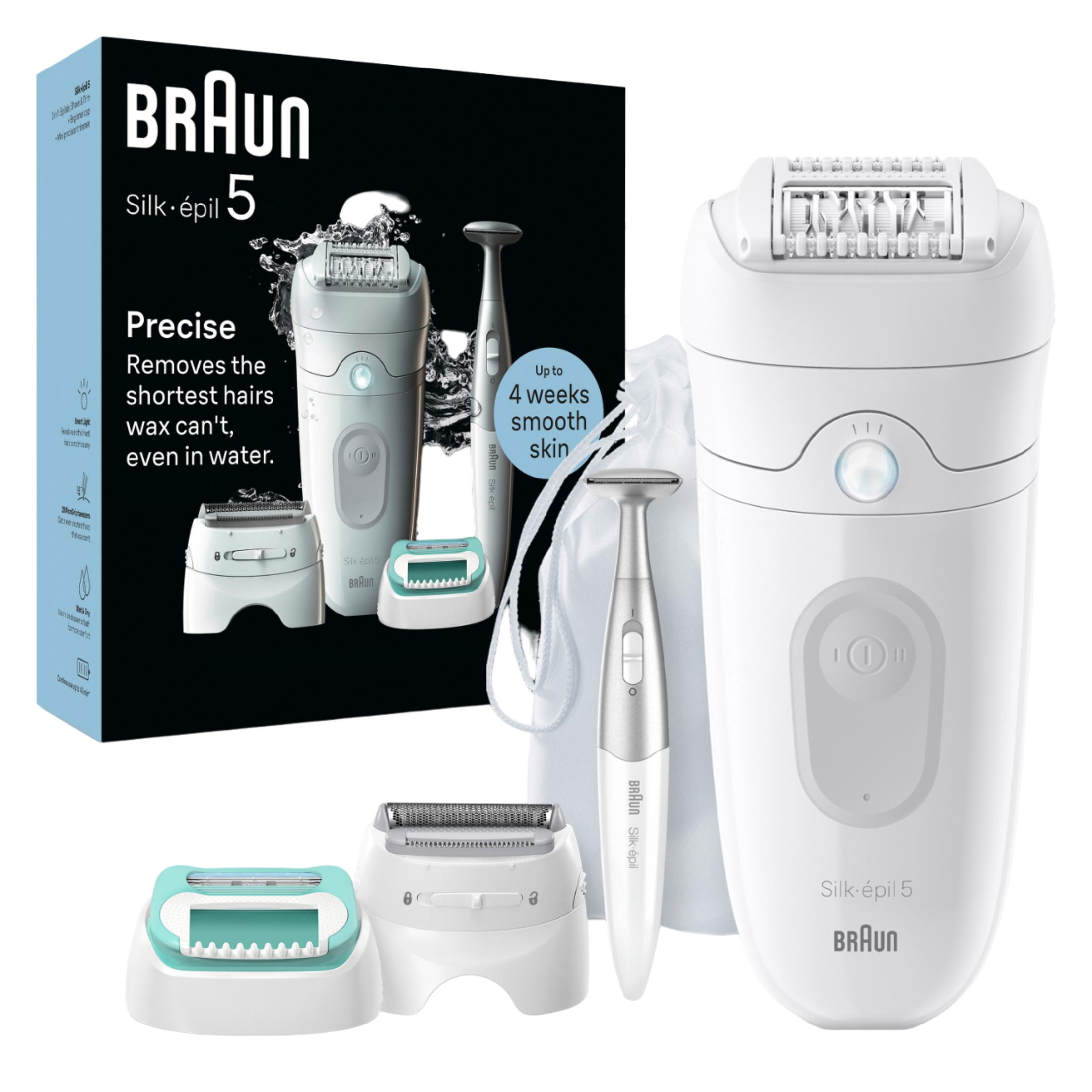 Braun Silk-épil 5 Epilierer mit Zubehör, weiß und hellgrün.